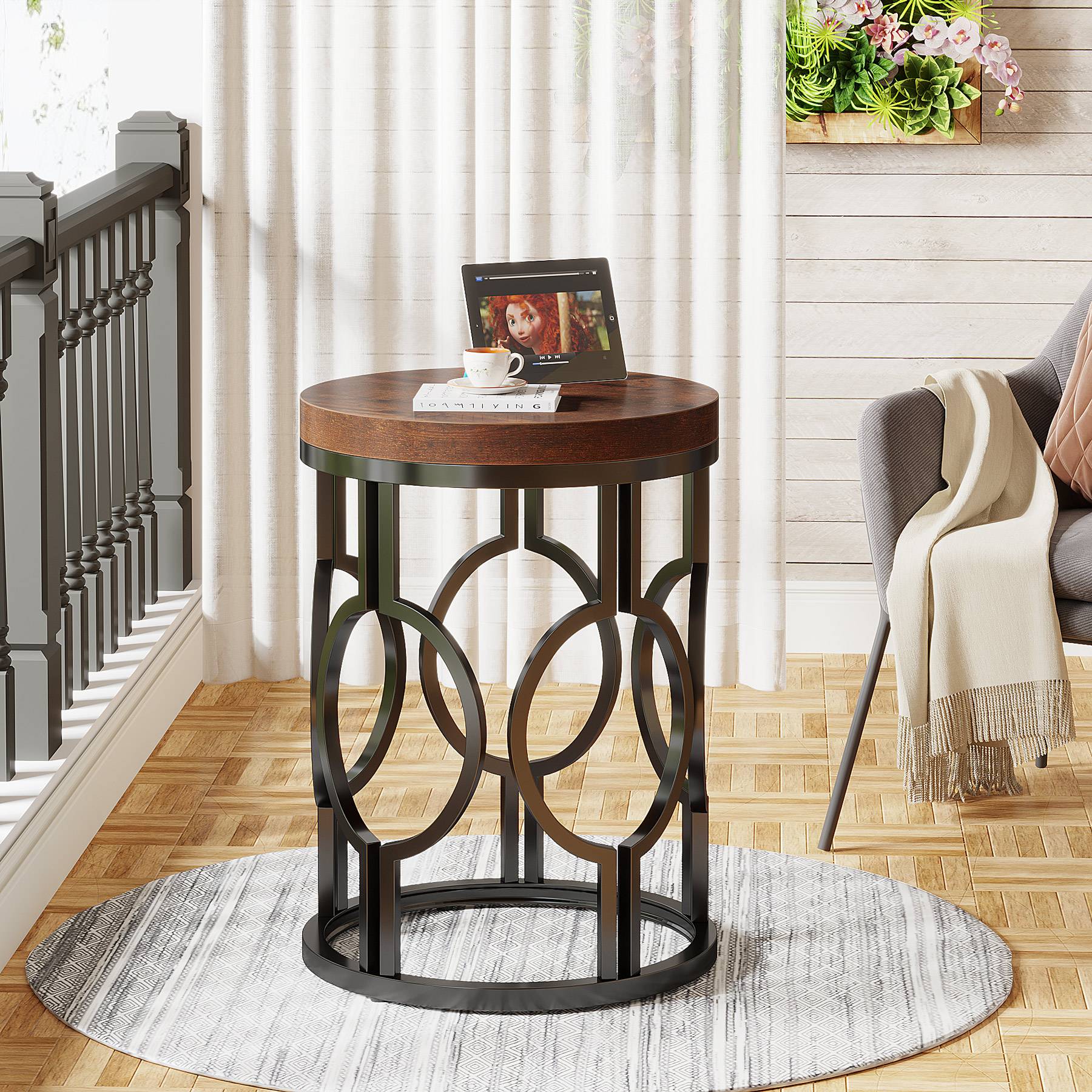 Round End Table, Industrial Side Table with Metal Hollow Frame Tribesigns