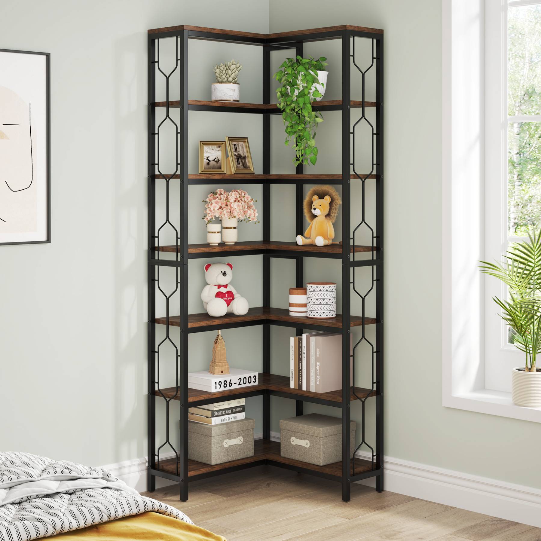 Corner Bookshelf, 7-Tier Industrial Corner Etagere Bookcase Tribesigns