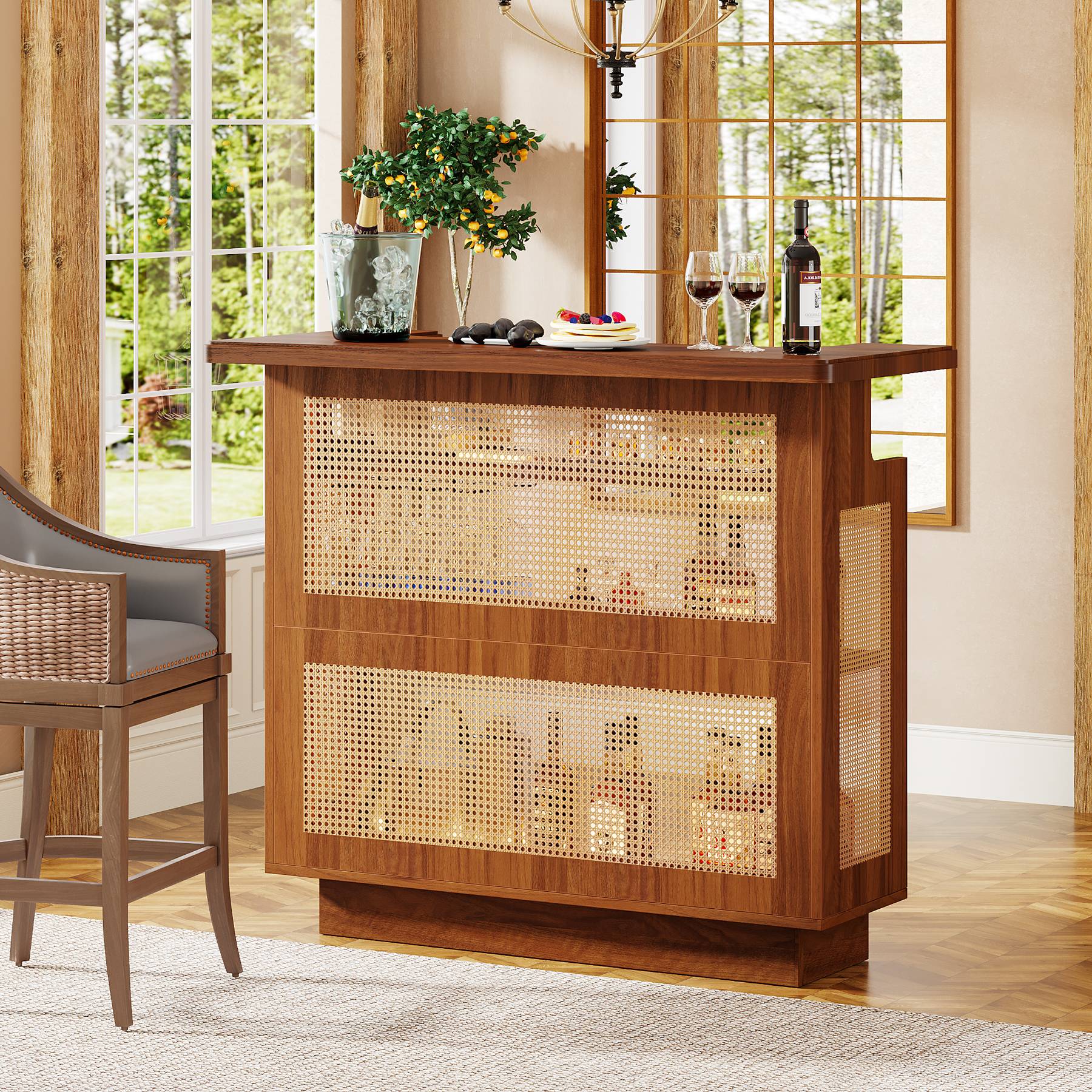 Bar Unit, 4-Tier Rattan Liquor Wine Bar Cabinet with Stemware Racks Tribesigns