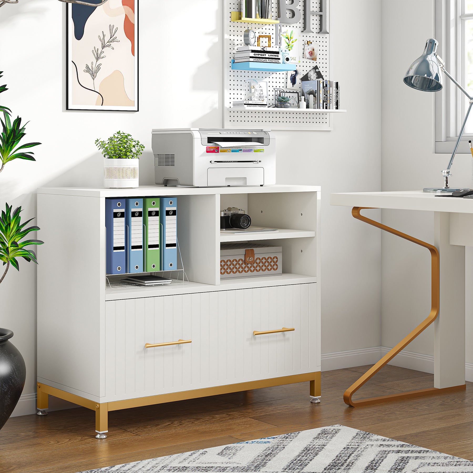 Tribesigns's File Cabinet, Lateral Printer Stand with Drawer & Open Storage Spaces in a cozy home office.