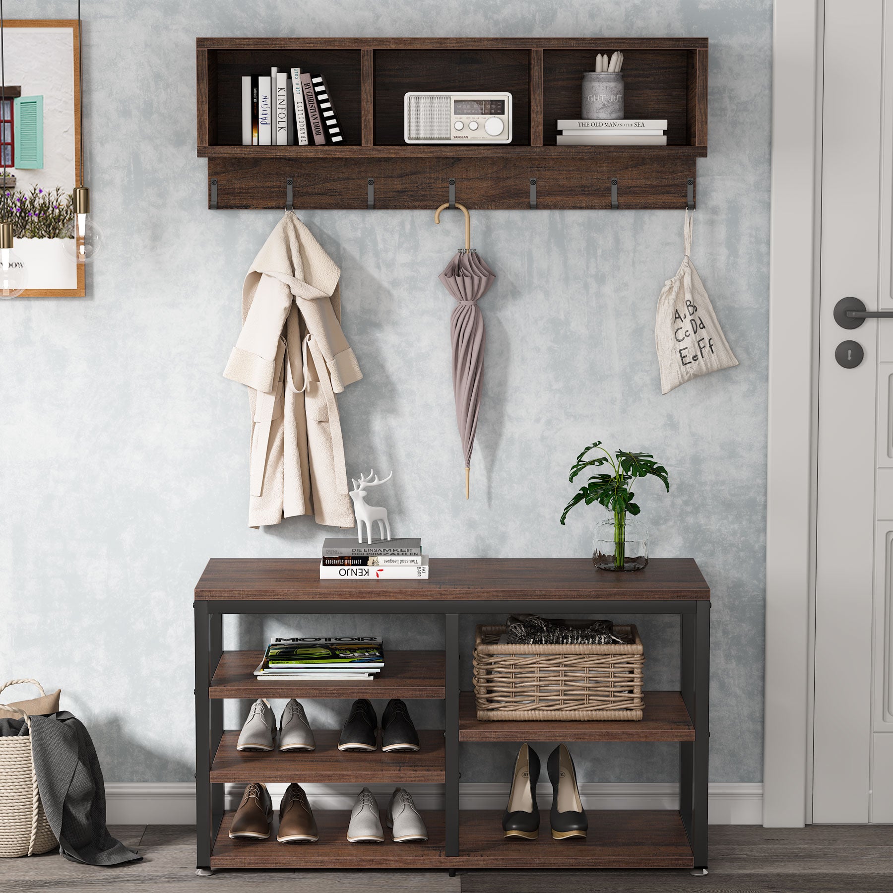 Front view of Tribesigns's 5 IN 1 Coat Rack Shoe Bench Set, Hall Tree with Wall Mounted Shelf.