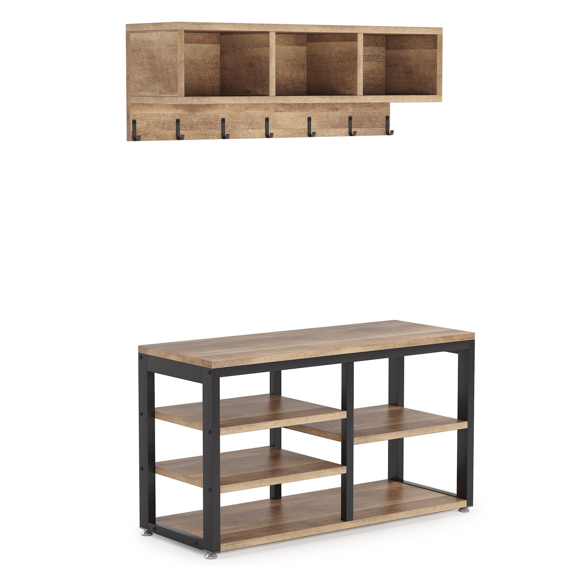 5 IN 1 Coat Rack Shoe Bench Set, Hall Tree with Wall Mounted Shelf Tribesigns