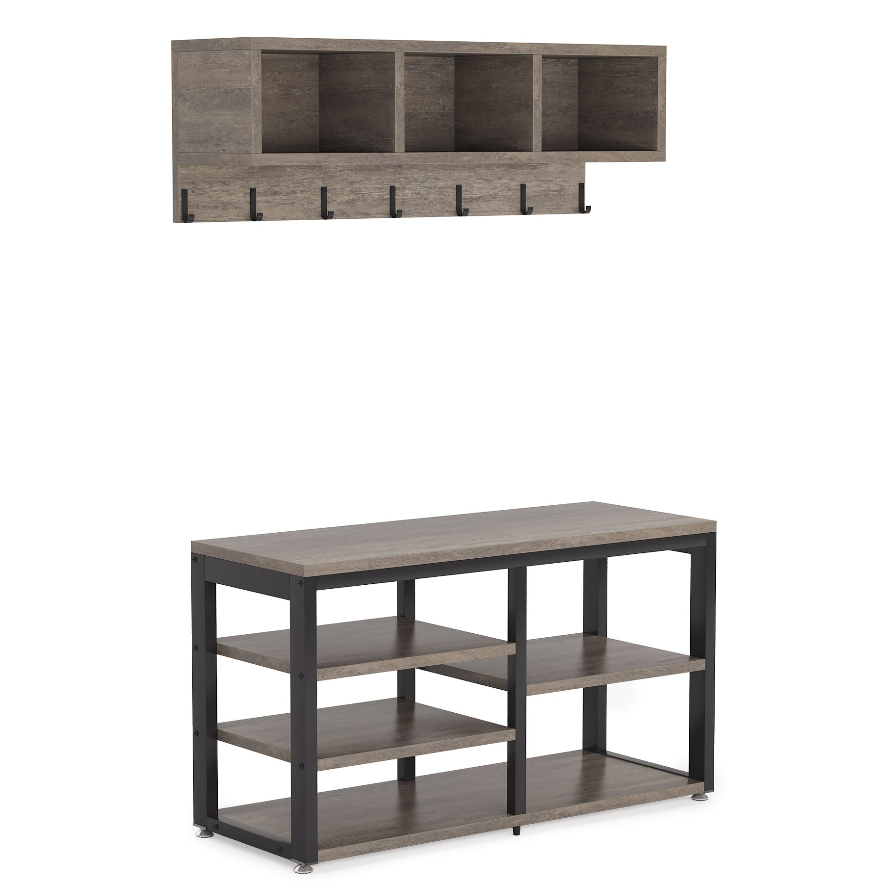 White background image of the Grey 5 IN 1 Coat Rack Shoe Bench Set, Hall Tree with Wall Mounted Shelf by Tribesigns.
