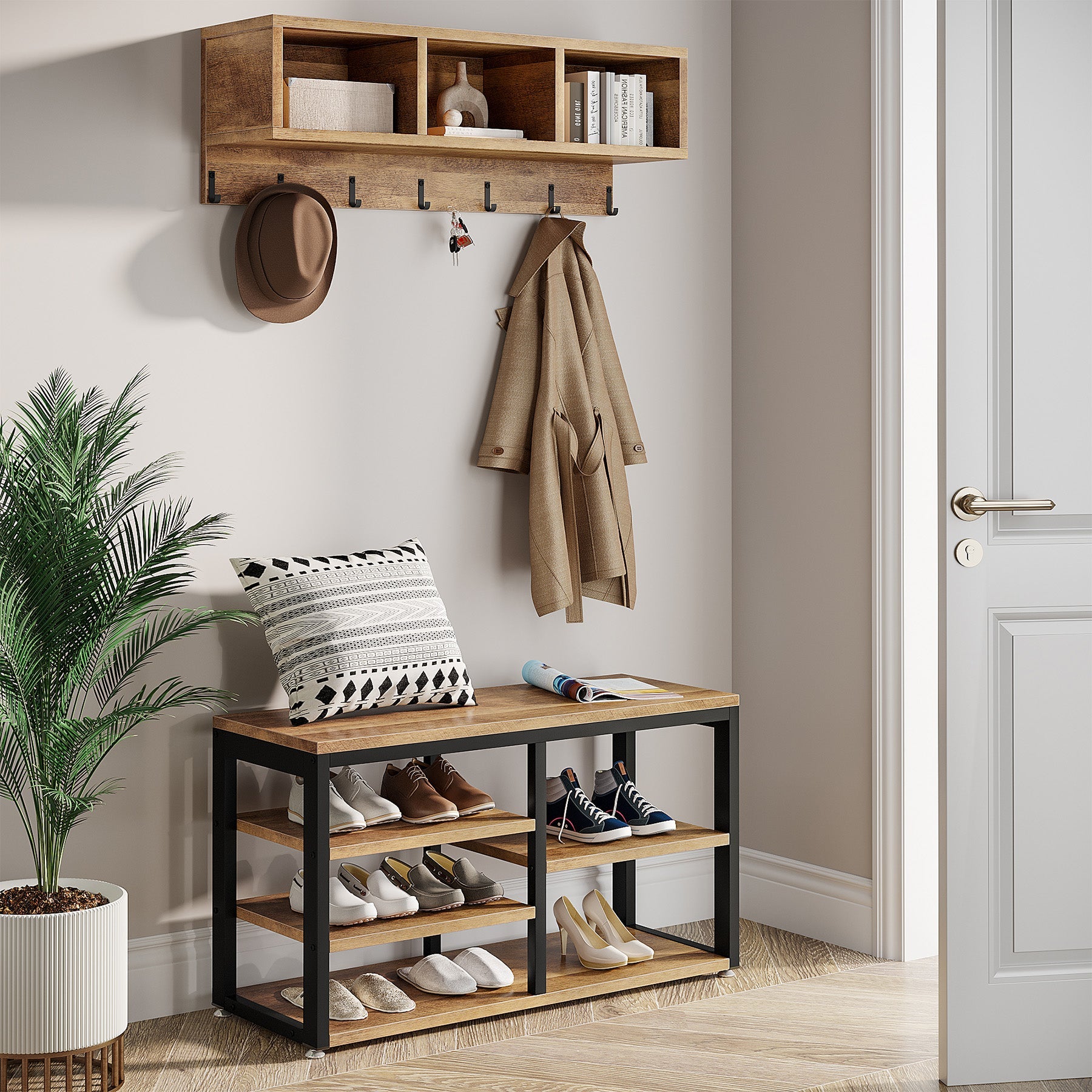 Hallway view of the Vintage Oak 5 IN 1 Coat Rack Shoe Bench Set, Hall Tree with Wall Mounted Shelf by Tribesigns.