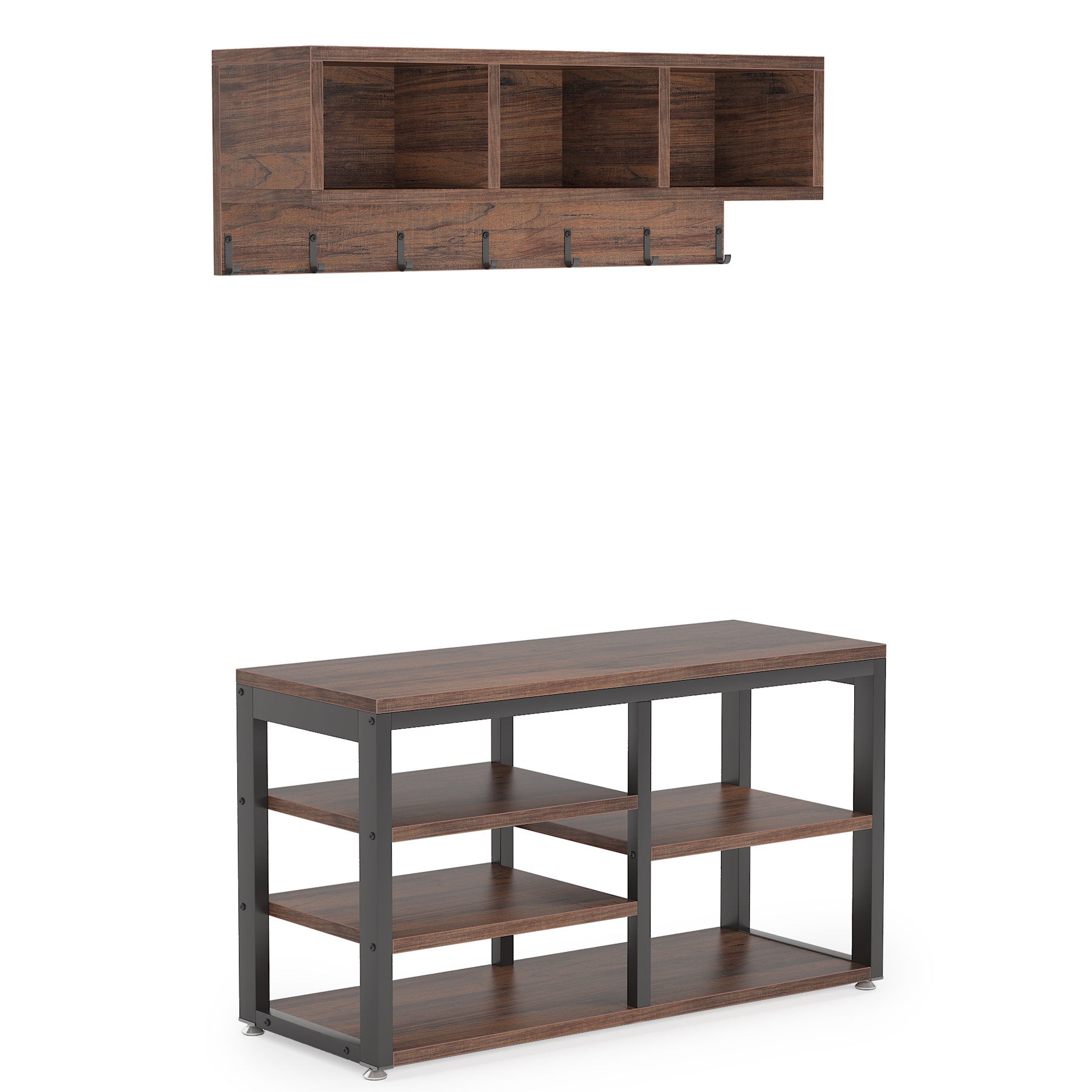 White background image of Tribesigns's 5 IN 1 Coat Rack Shoe Bench Set, Hall Tree with Wall Mounted Shelf.