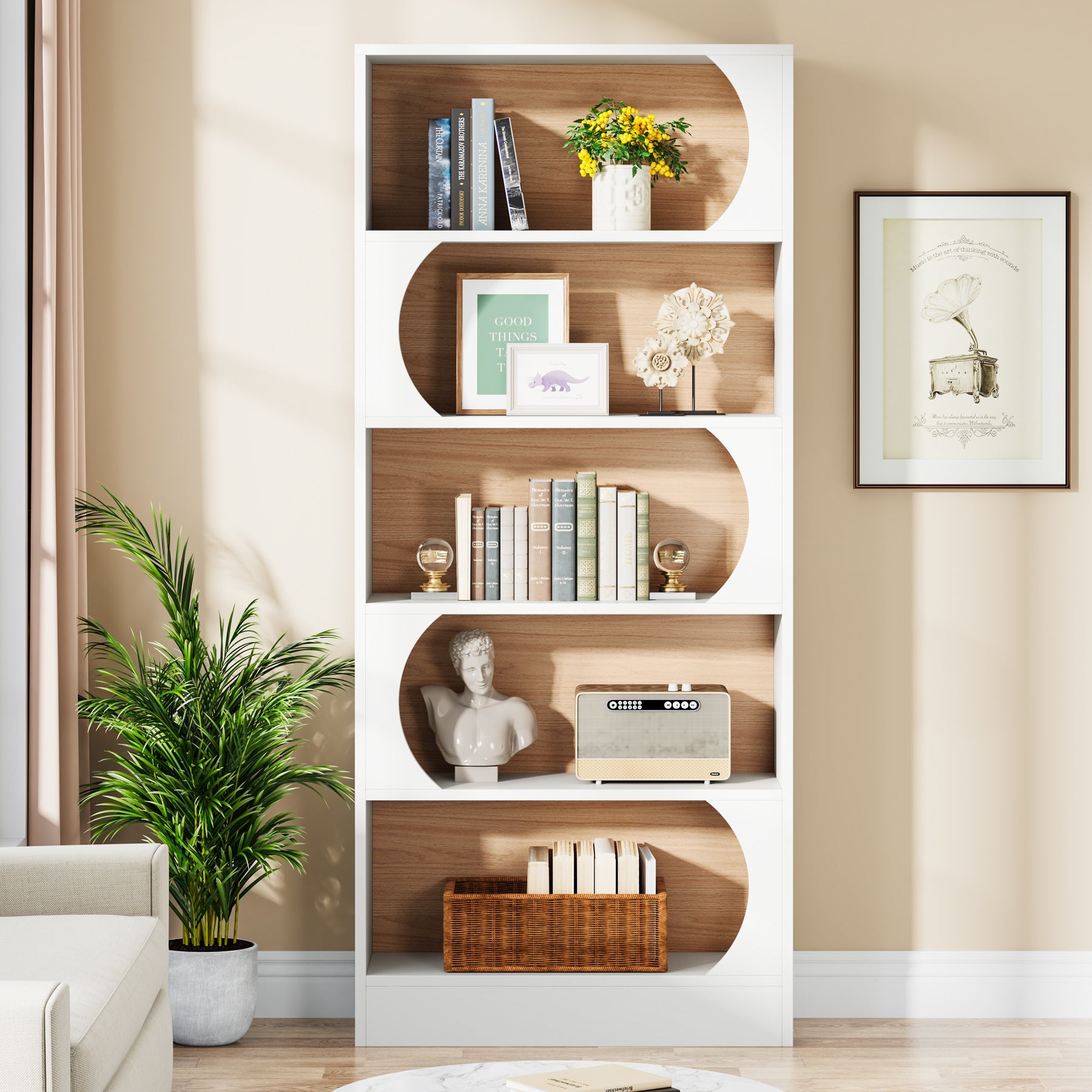 5-Tier Bookcase, 71" Wood Etagere Bookshelf with Storage Shelves Tribesigns