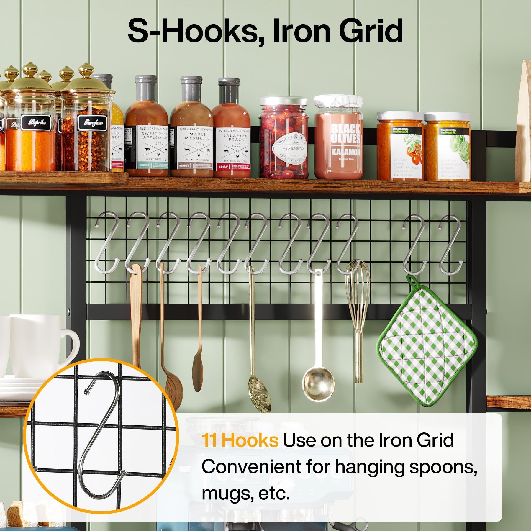 Product details of Tribesigns's Wide Kitchen Storage Shelf with 11 Hooks.