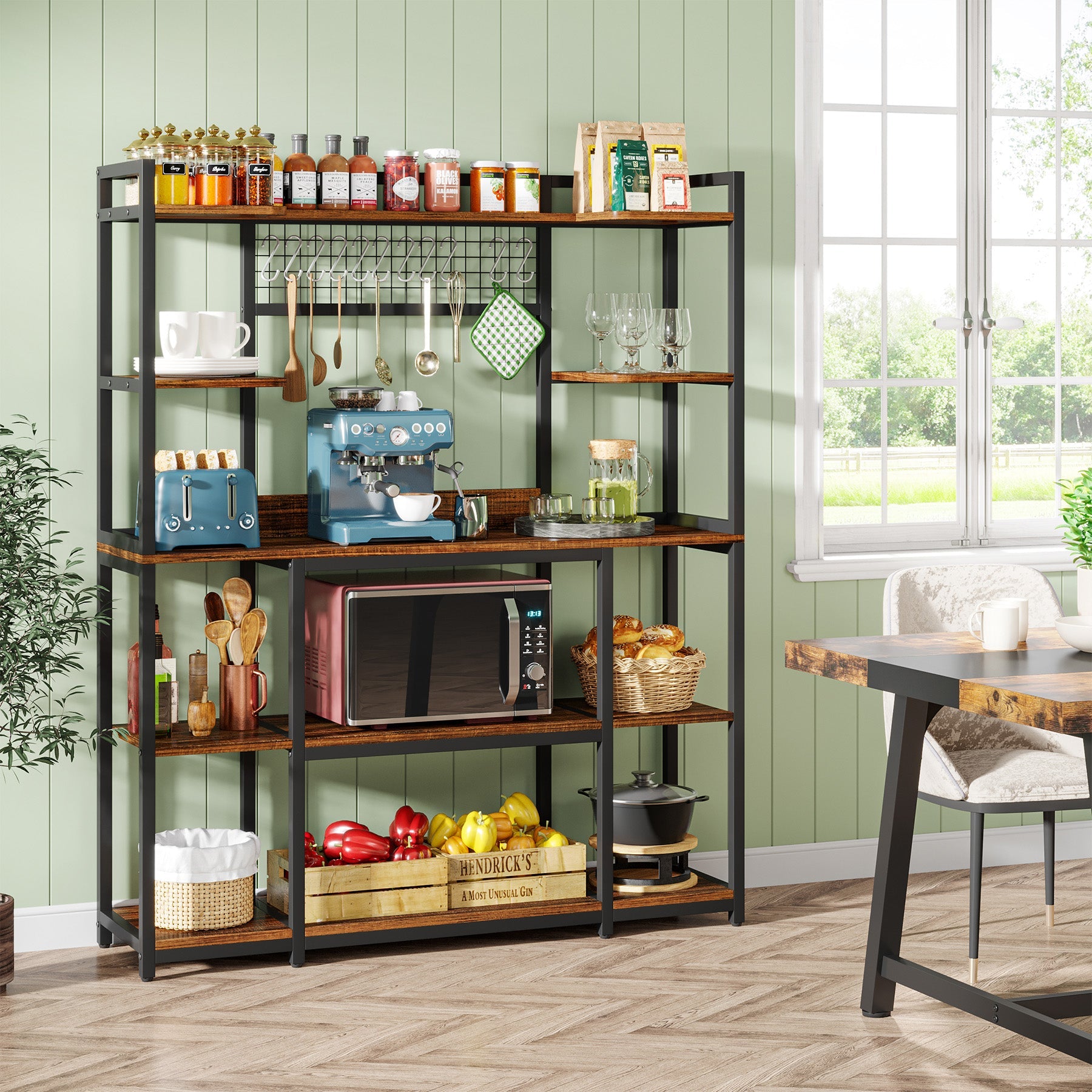 Tribesigns's baker’s rack with coffee maker shelves, hooks, and storage baskets.