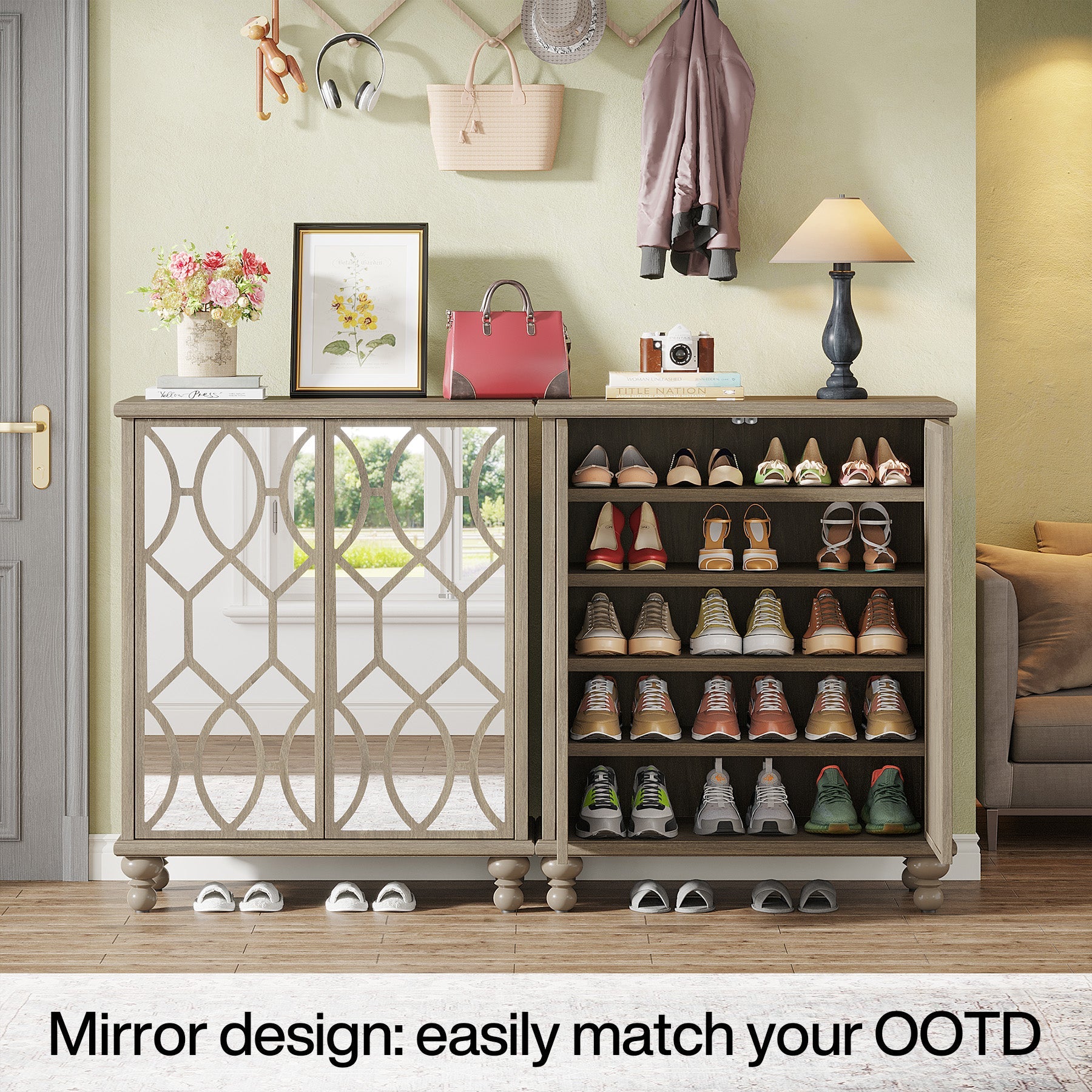 5-Tier Mirror Shoe Cabinet, Large Shoe Storage Organizer With Doors Tribesigns