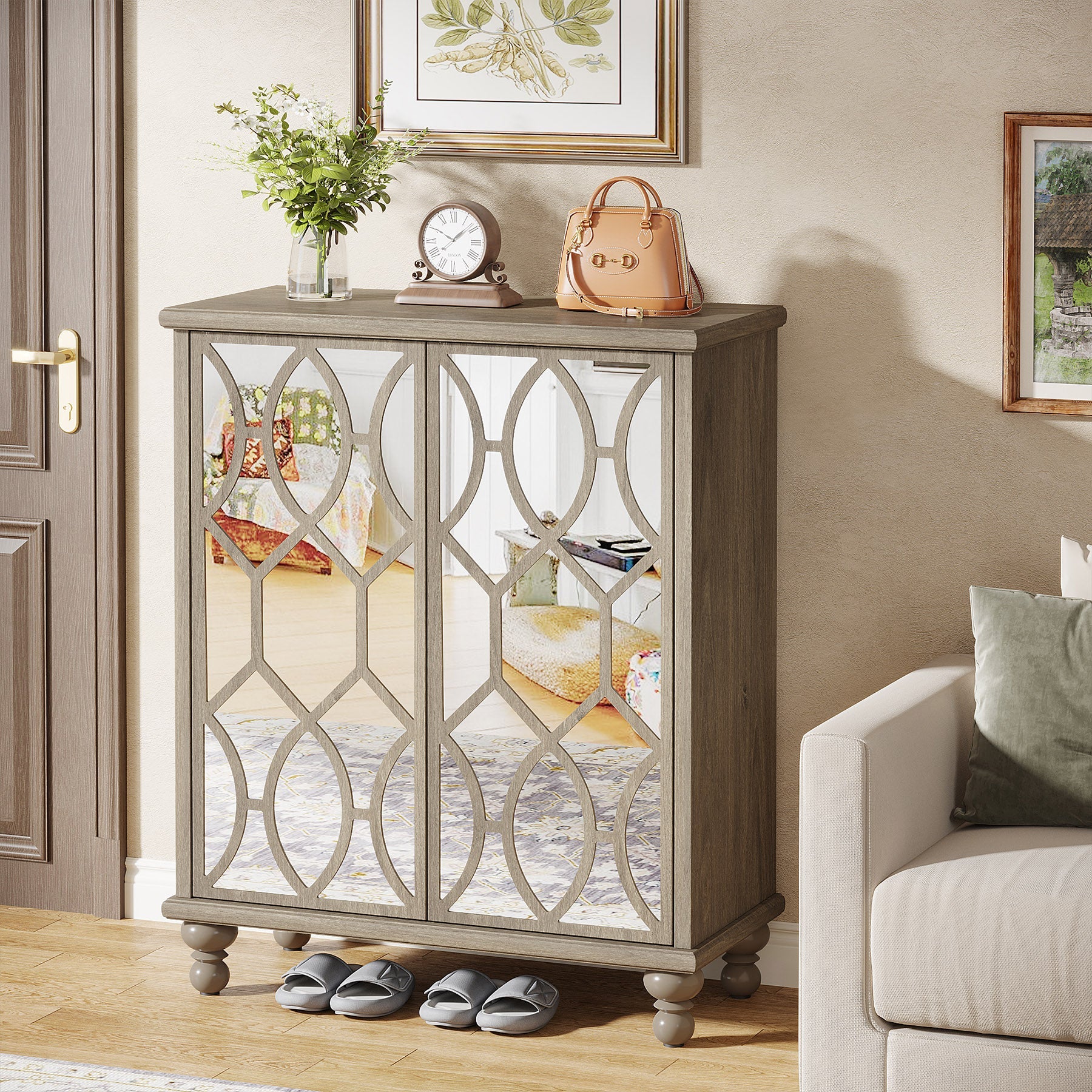 5-Tier Mirror Shoe Cabinet, Large Shoe Storage Organizer With Doors Tribesigns