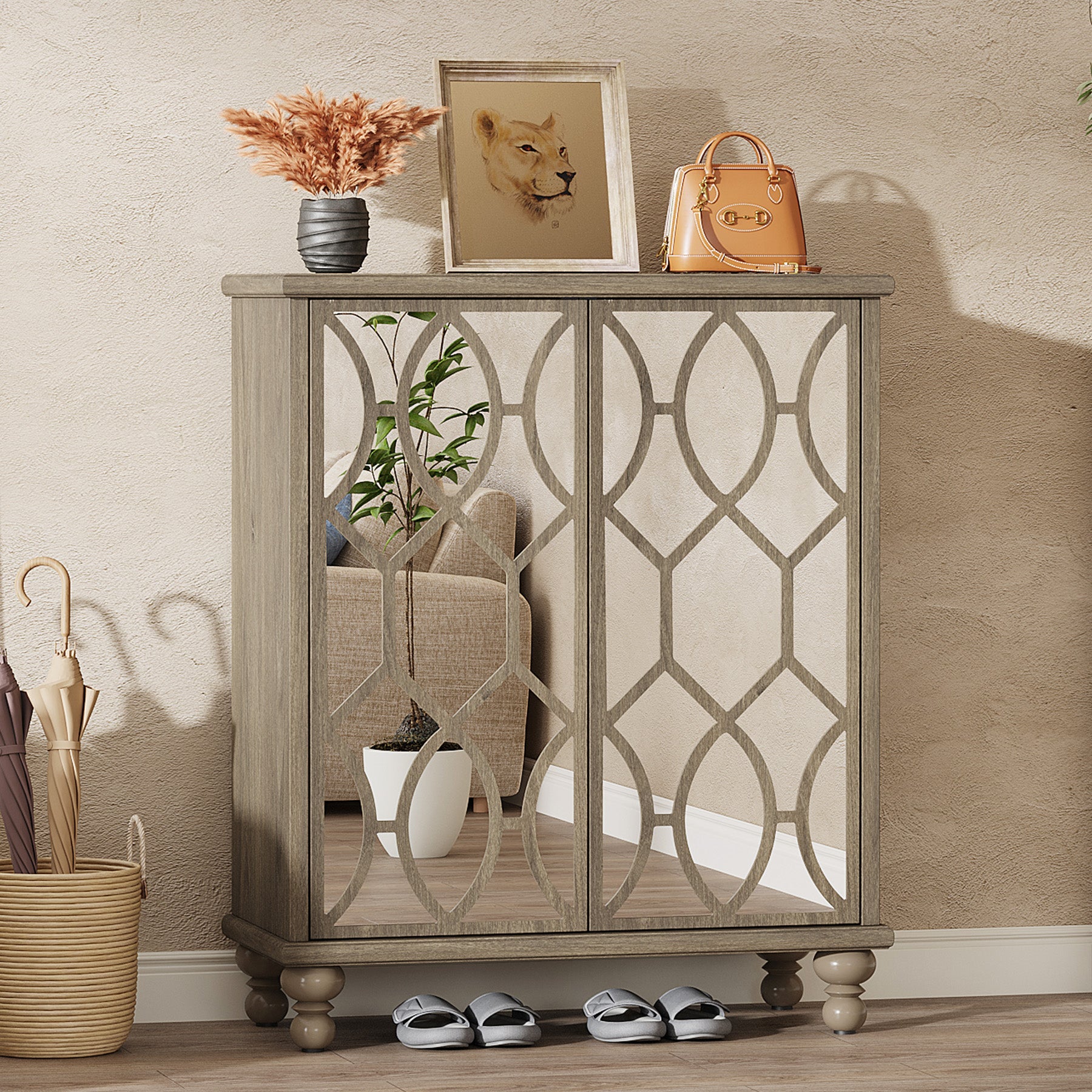 5-Tier Mirror Shoe Cabinet, Large Shoe Storage Organizer With Doors Tribesigns