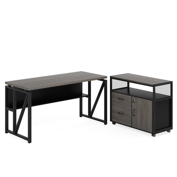 55" L-Shaped Executive Desk with Storage Shelves and Mobile File Cabinet Tribesigns