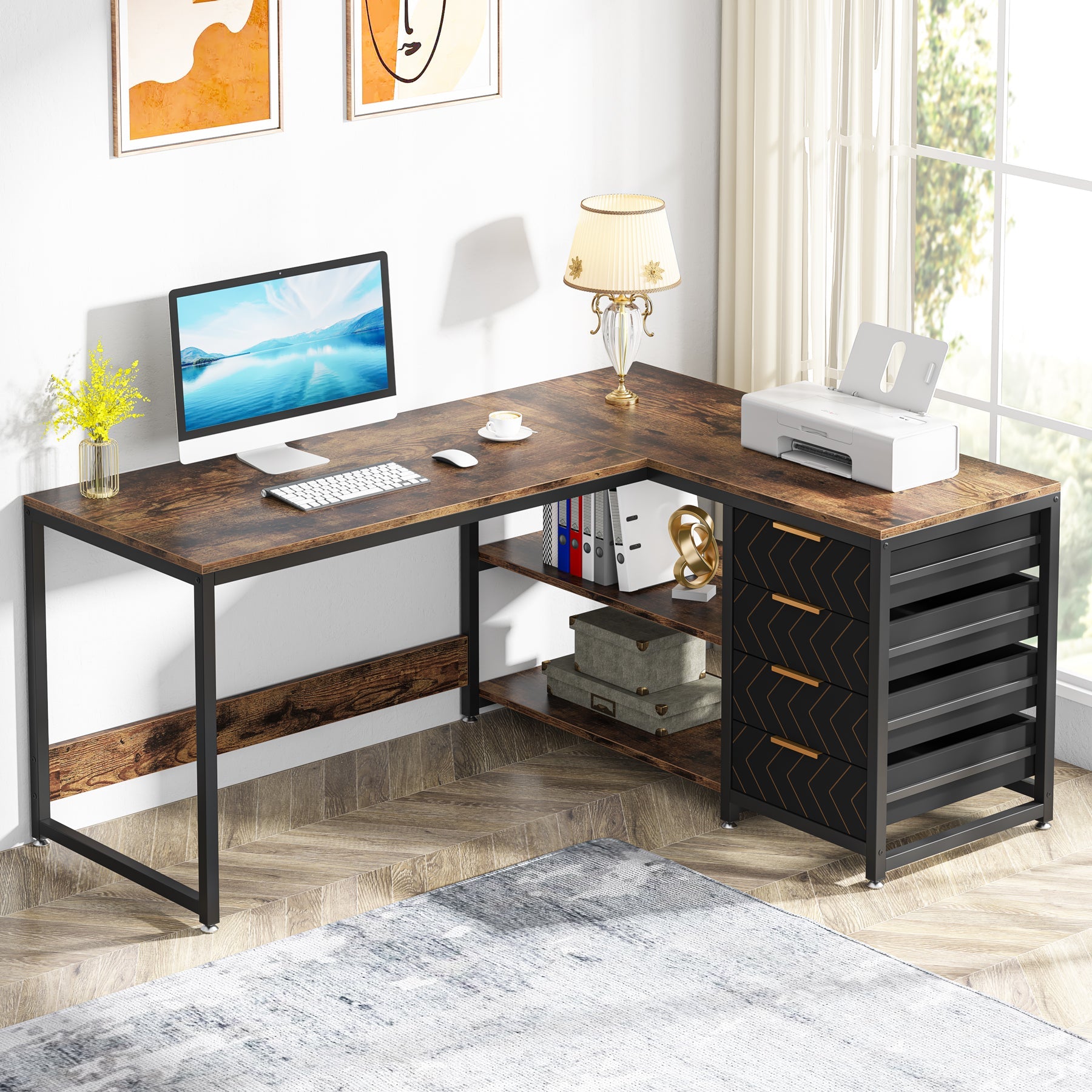 59" L-Shaped Desk, Reversible Corner Desk with Drawers & Shelves Tribesigns
