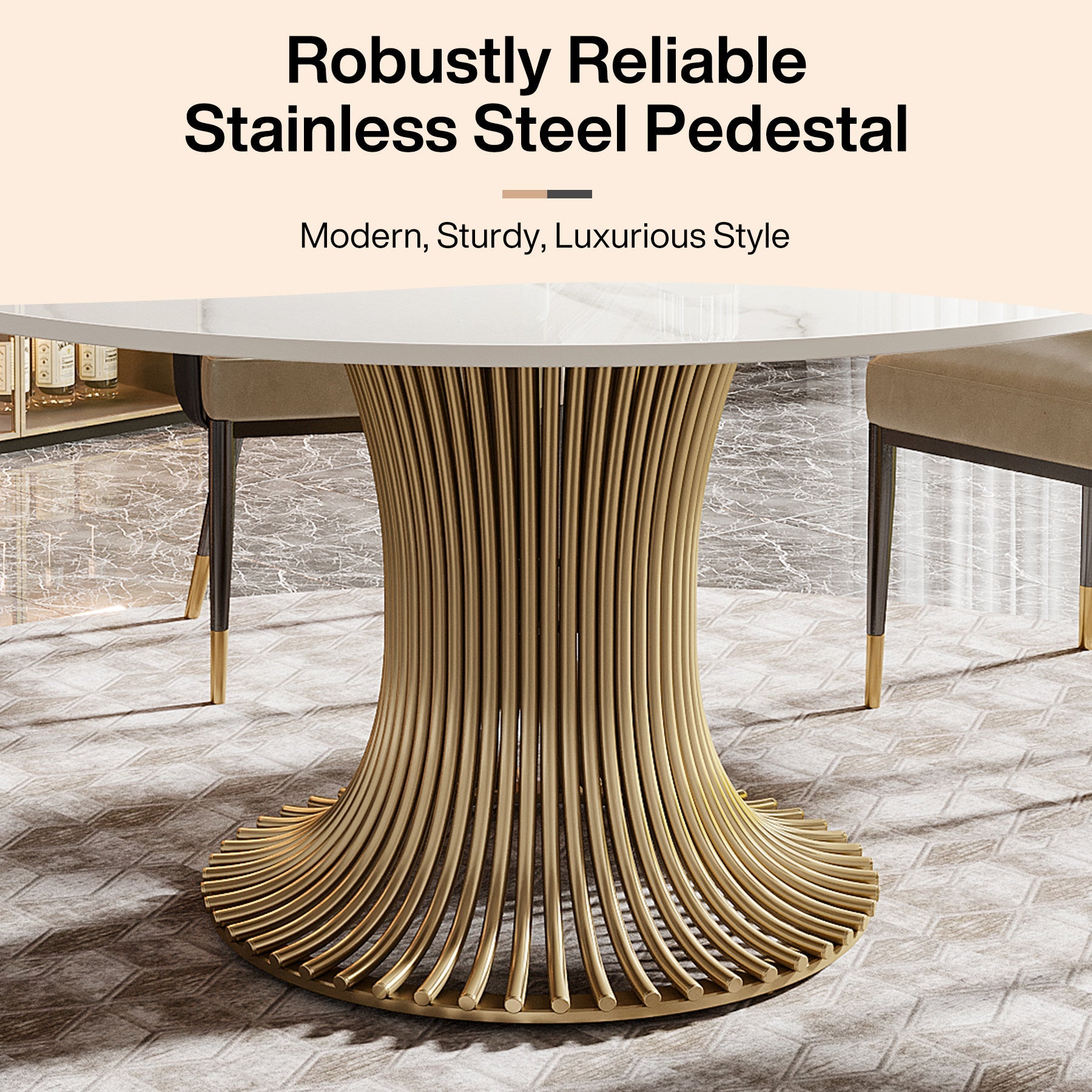 59" Sintered Stone Round Dining Table with Gold Stainless Steel Pedestal Tribesigns