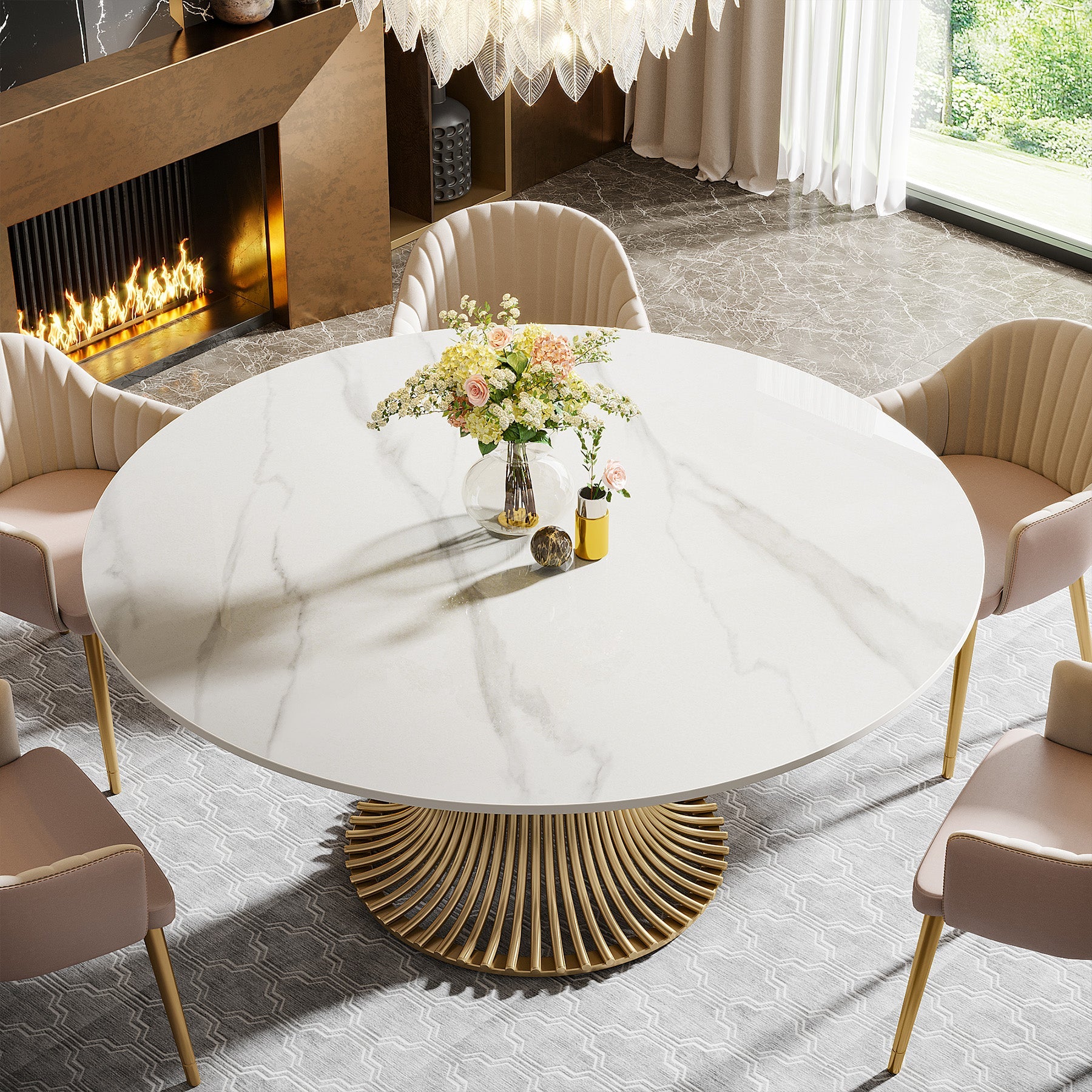 59" Sintered Stone Round Dining Table with Gold Stainless Steel Pedestal Tribesigns