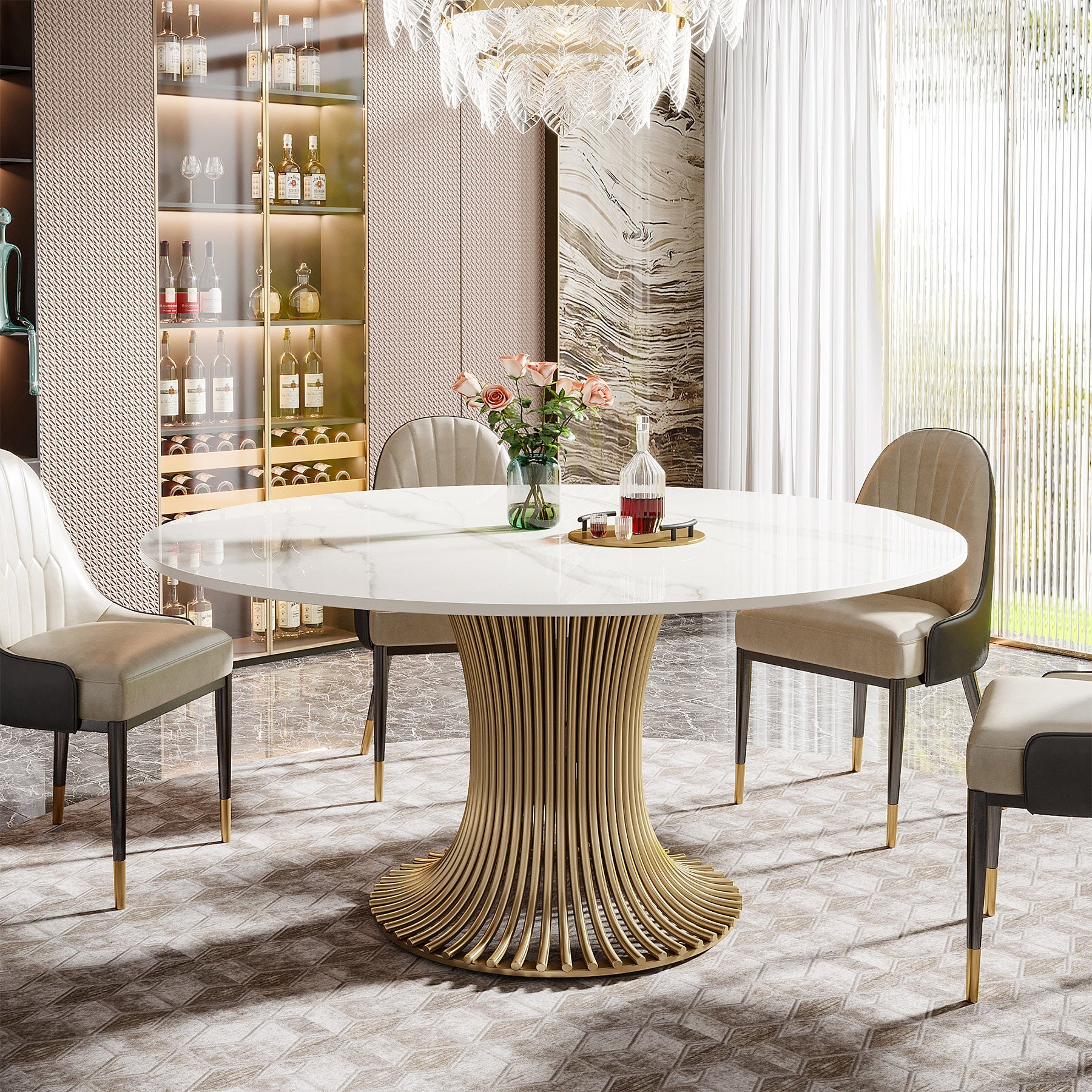 59" Sintered Stone Round Dining Table with Gold Stainless Steel Pedestal Tribesigns