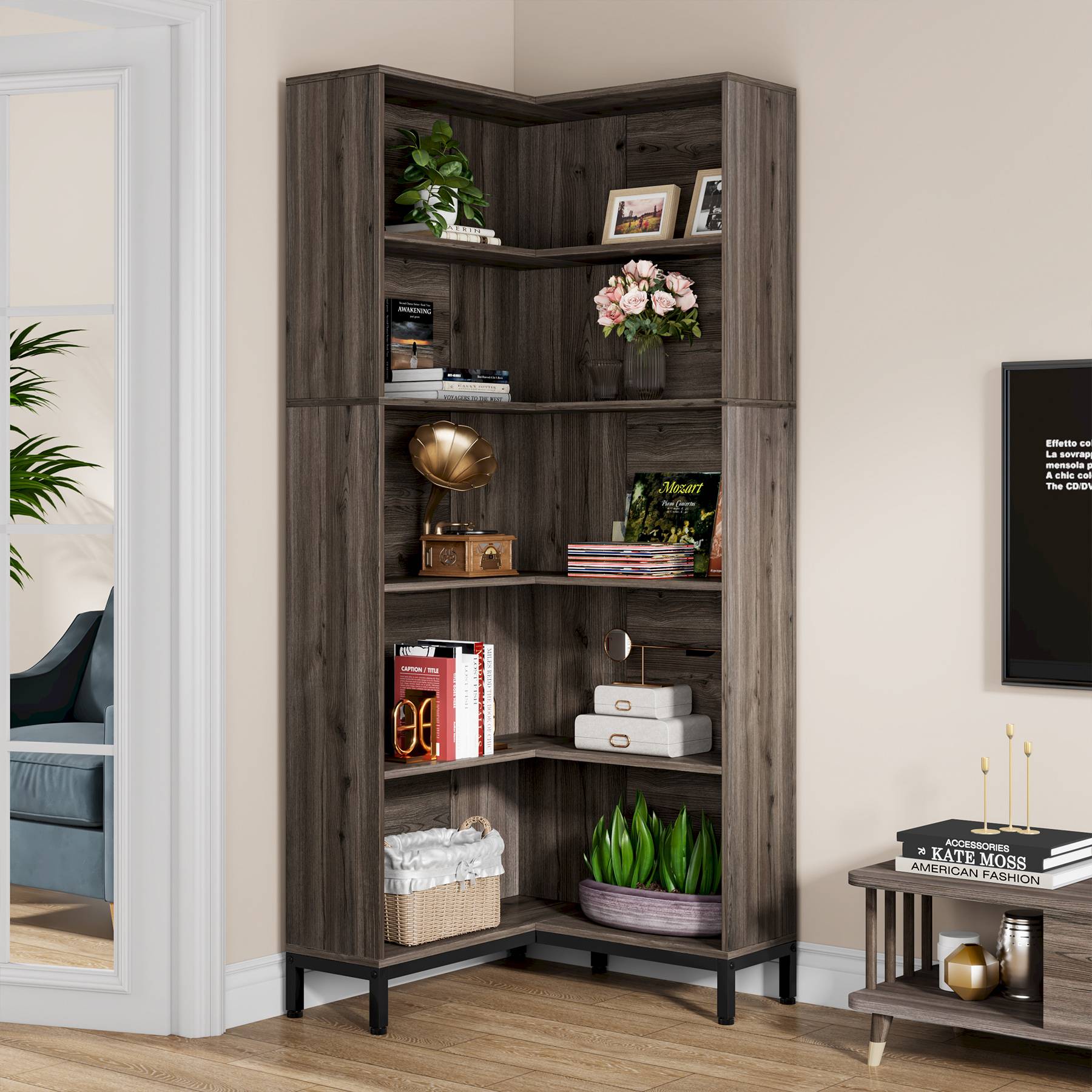 6-Tier Corner Bookcase, 71 inch L-Shaped Etagere Bookshelf Tribesigns