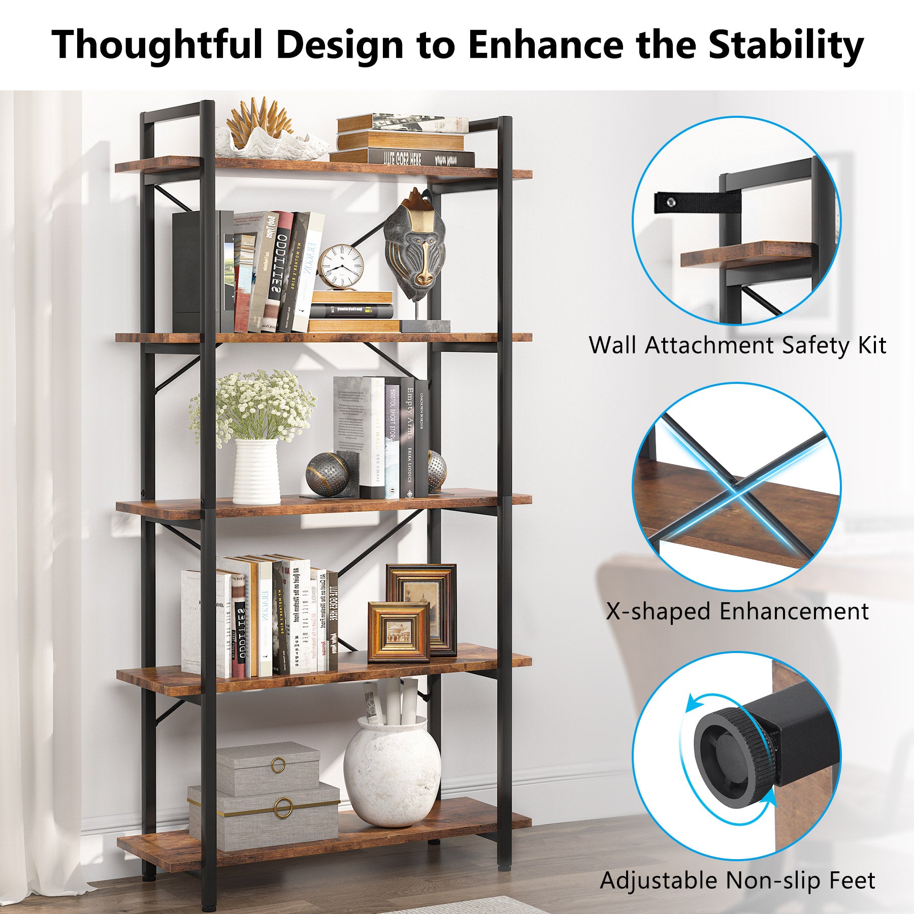 Tribesigns Brown Bookshelf, 5 Tier Bookcase Display Shelf Unit Tribesigns