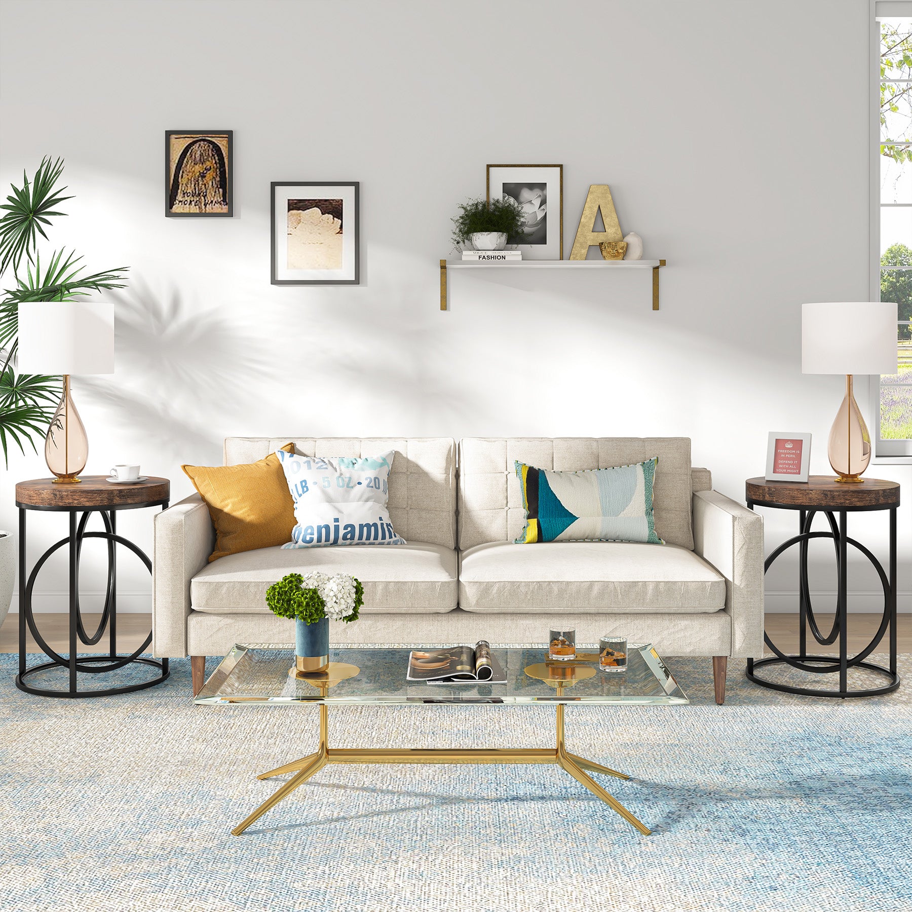 End Table, Modern Round Sofa Side Table with Faux Marble Top Tribesigns