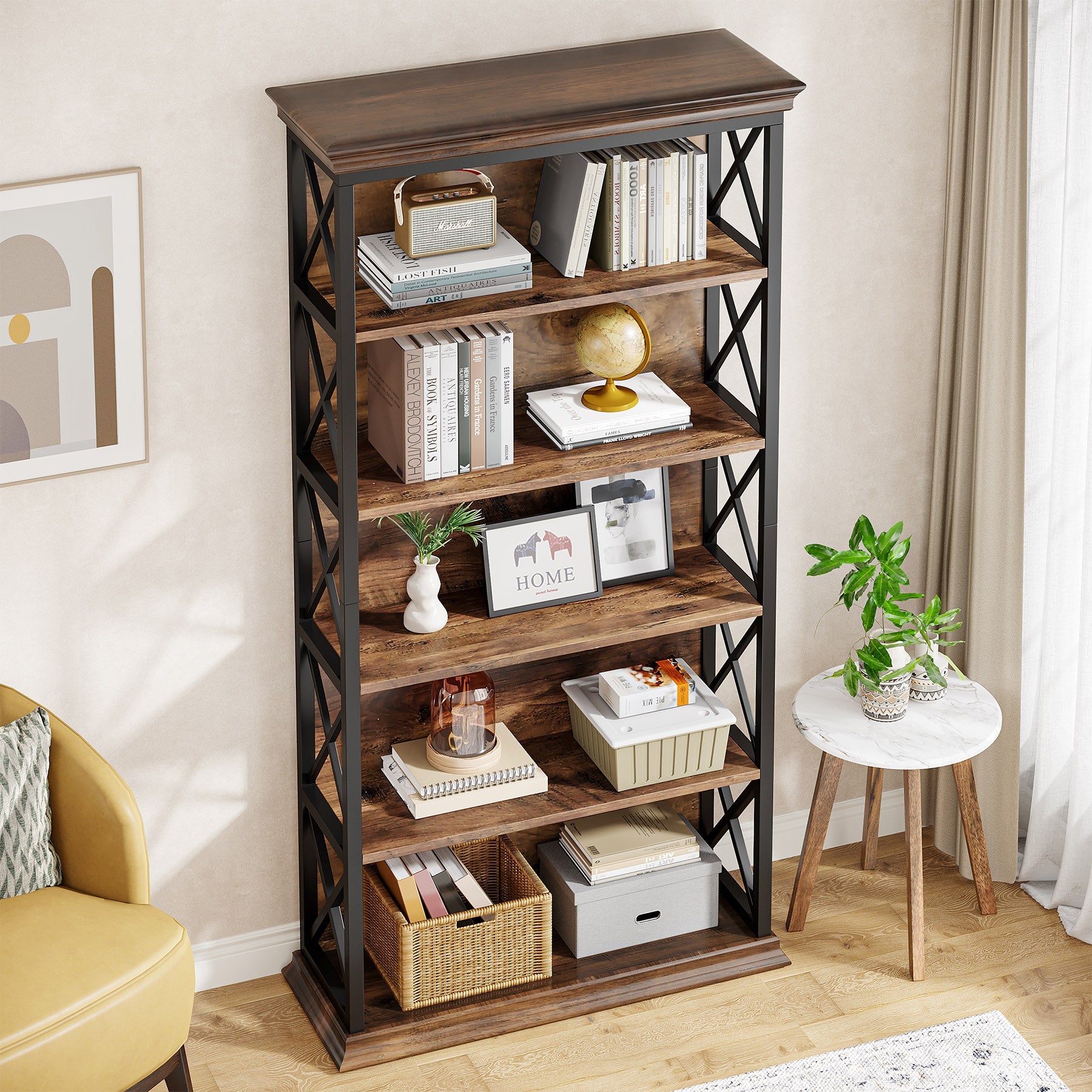 6-Tier Bookshelf, 70.87" Etagere Metal and Wood Bookcase for Home Office Tribesigns
