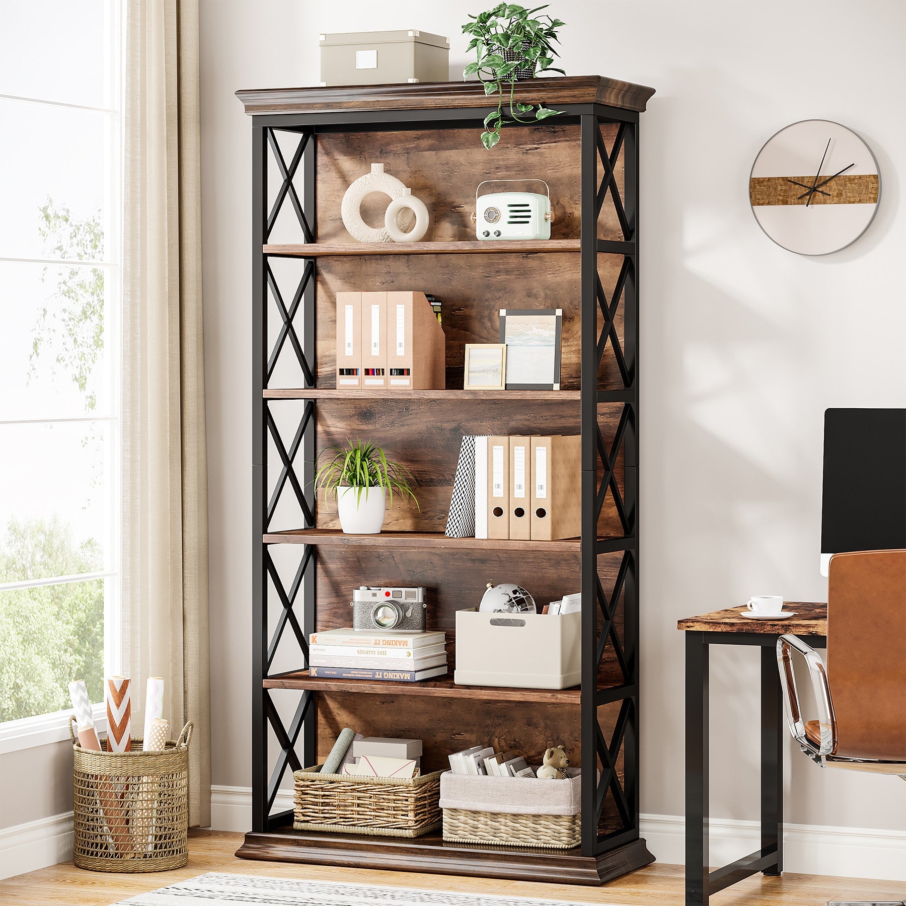 6-Tier Metal and Wood Bookshelf, 70.87" Etagere Bookcase for Home Office Tribesigns