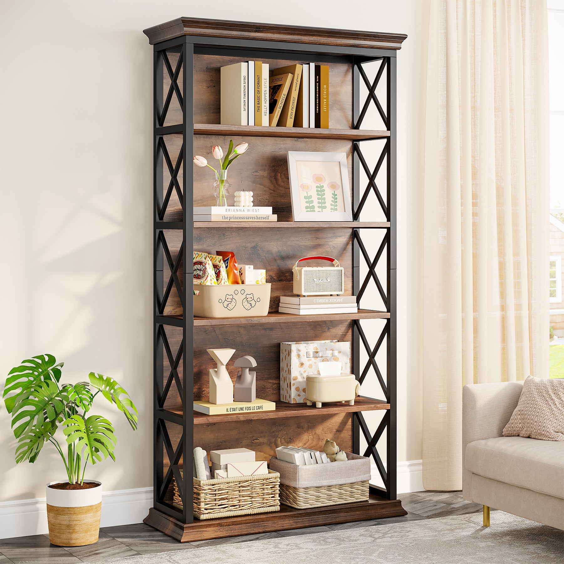 6-Tier Bookshelf, 70.87" Etagere Metal and Wood Bookcase for Home Office Tribesigns