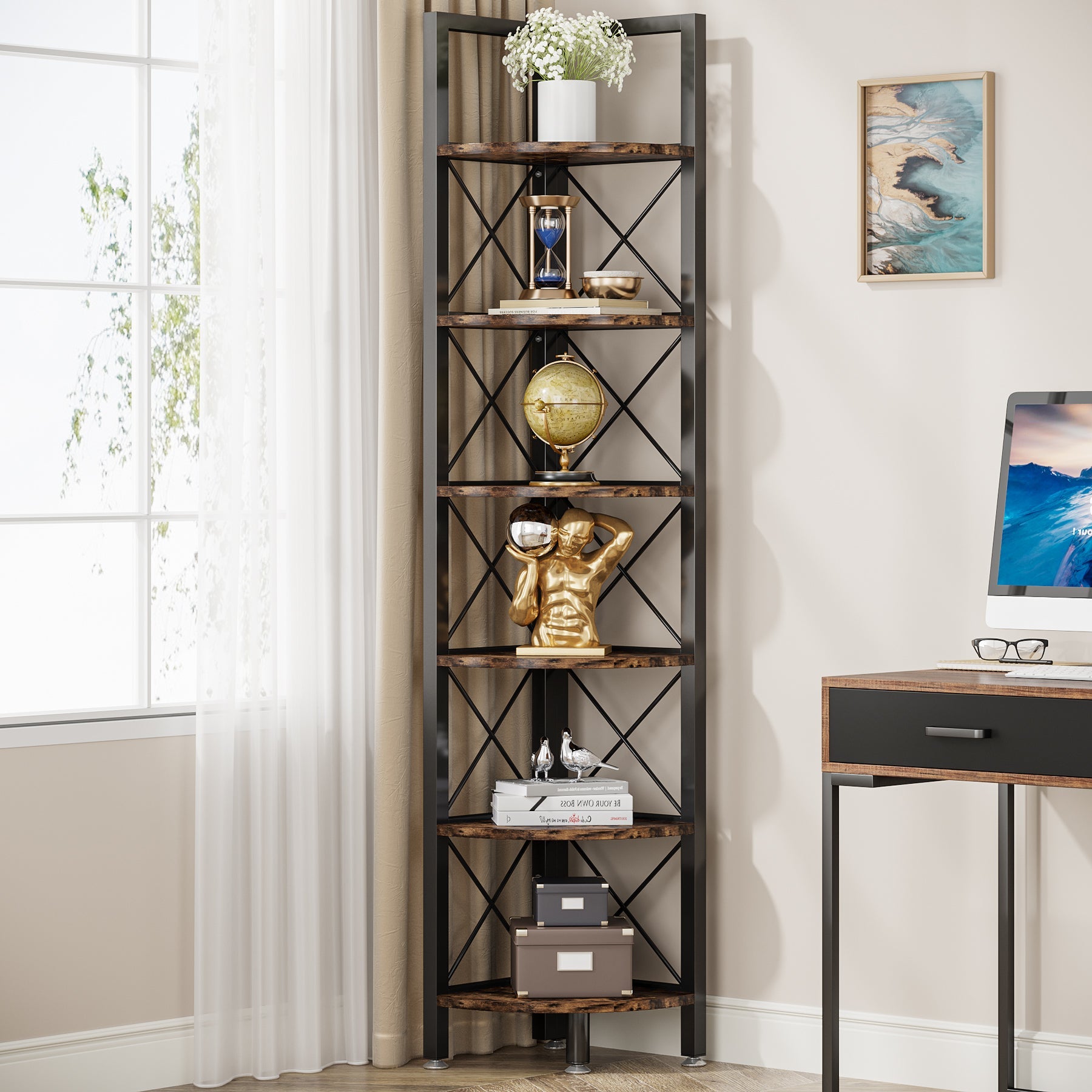 6-Tier Corner Shelf Small Bookshelf Storage Rack for Small Space Tribesigns