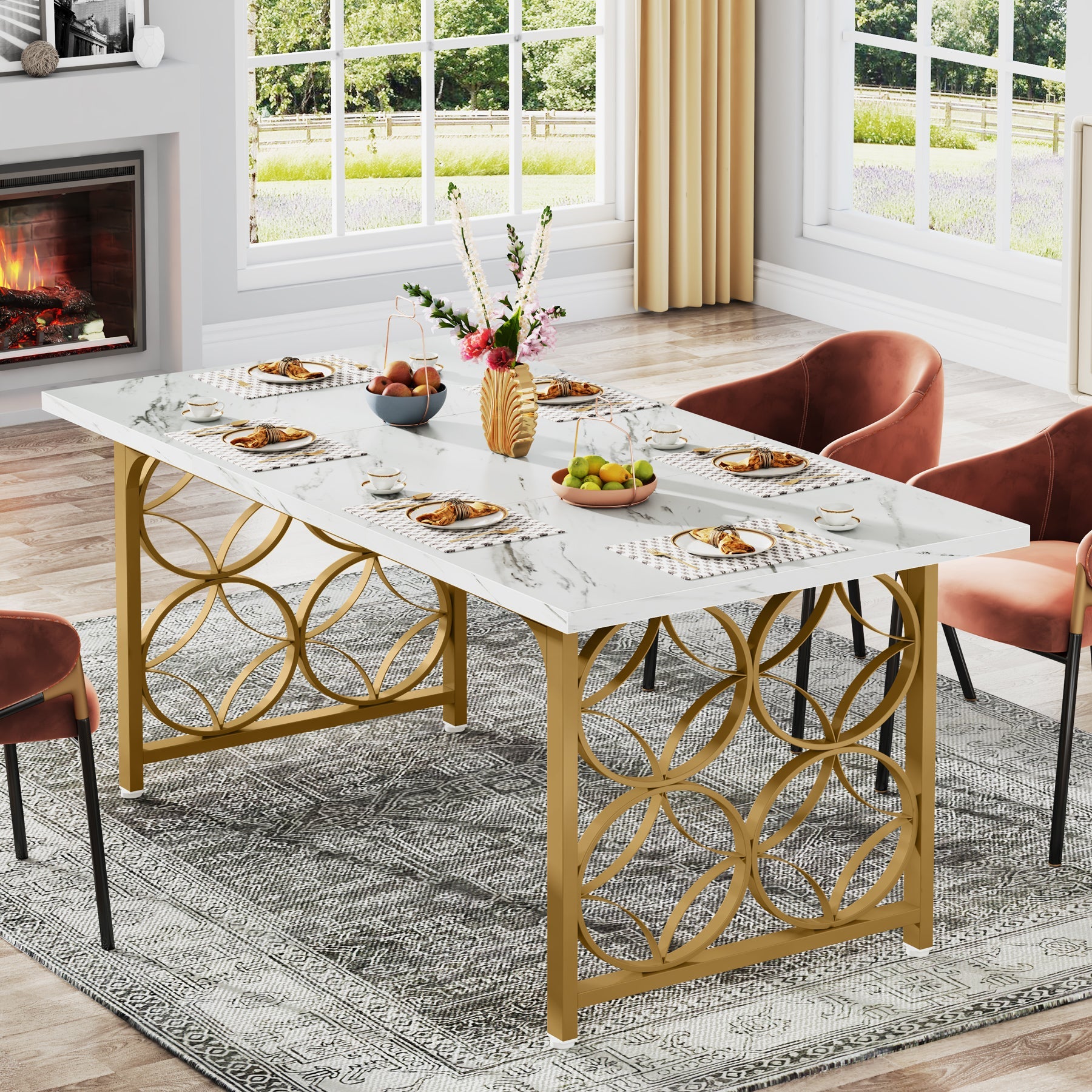 63-inch Dining Table, Modern Faux Marble Kitchen Table for 6 People Tribesigns
