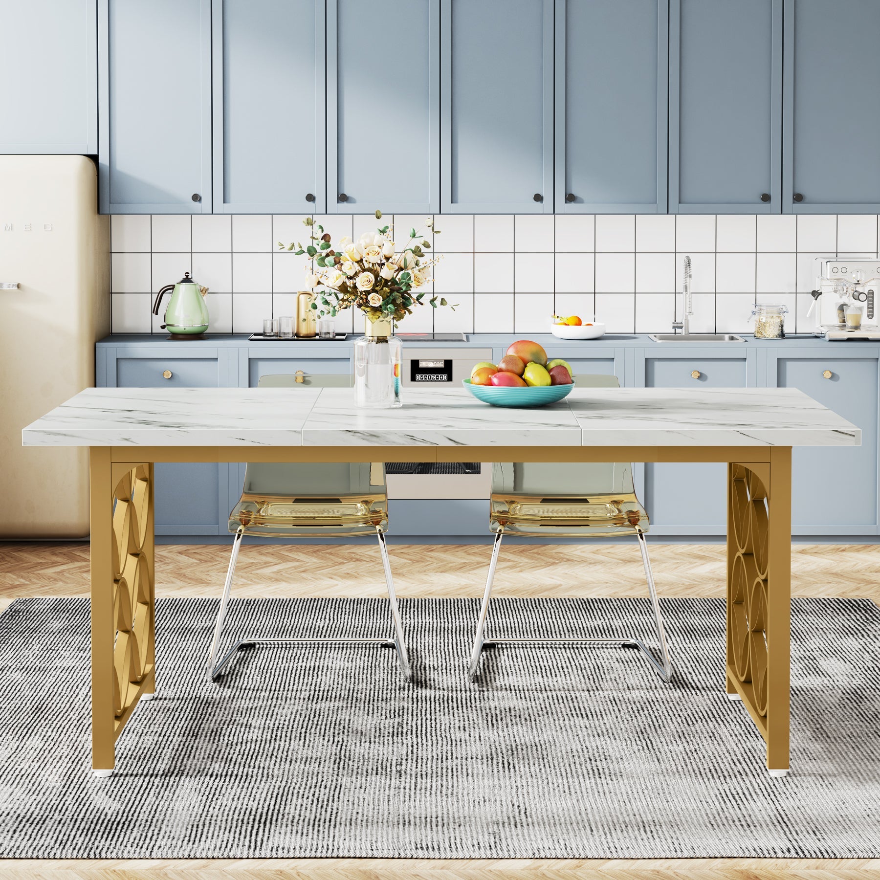 63-inch Dining Table, Modern Faux Marble Kitchen Table for 6 People Tribesigns