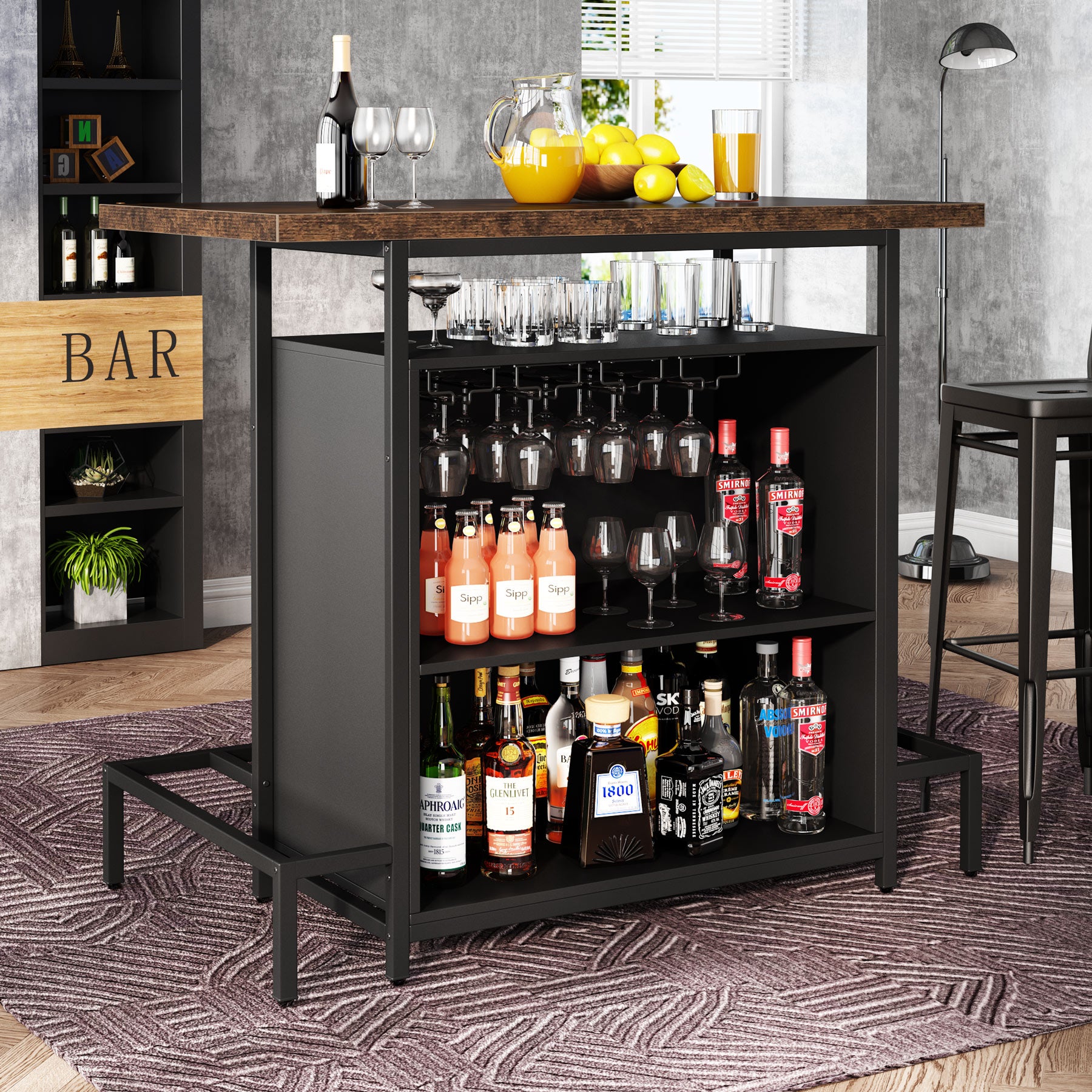 Home Bar Unit, Industrial 3-Tier Liquor Bar Table with Glasses Holder Tribesigns