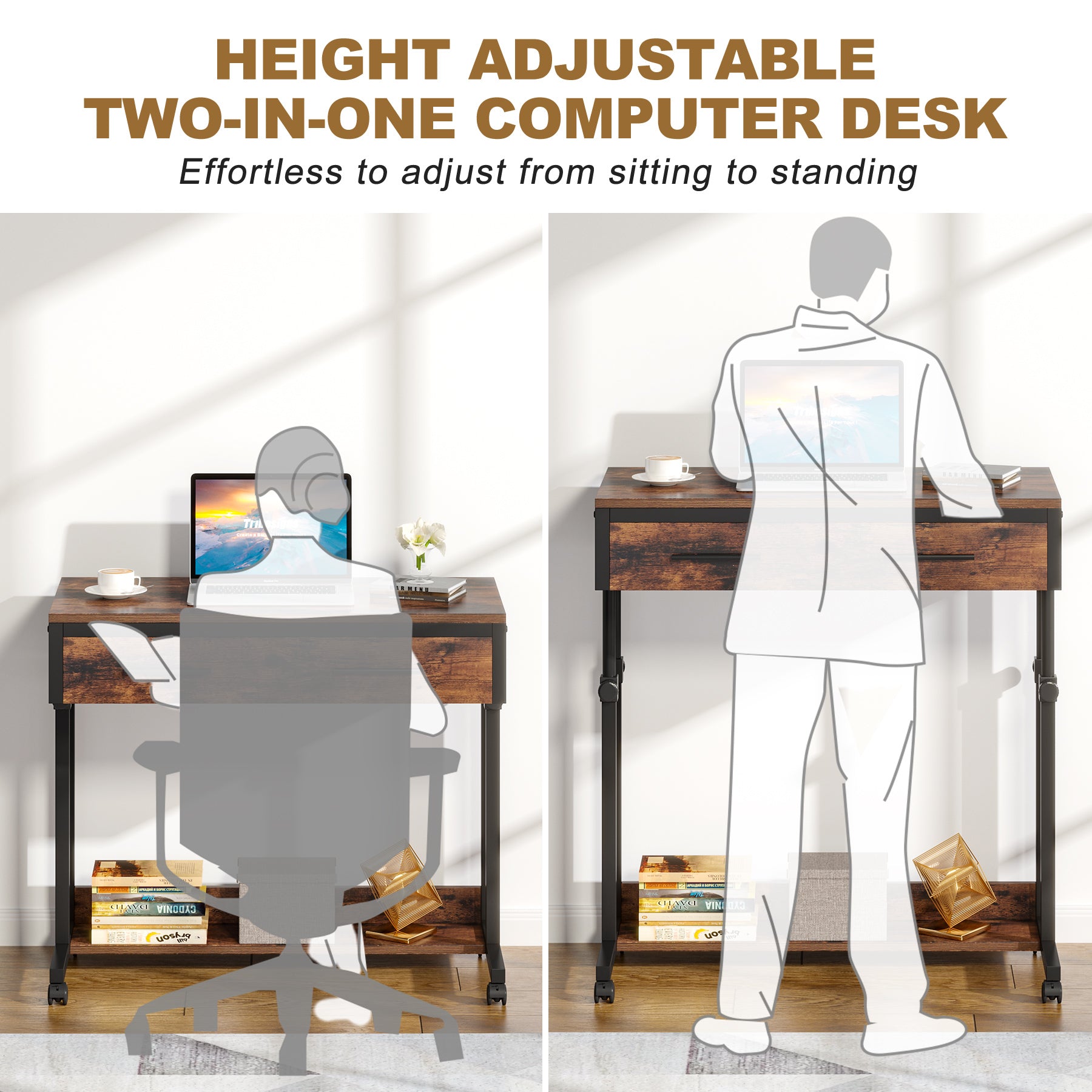 Height Adjustable Desk, Mobile Side Table Portable Desk with Drawers Tribesigns
