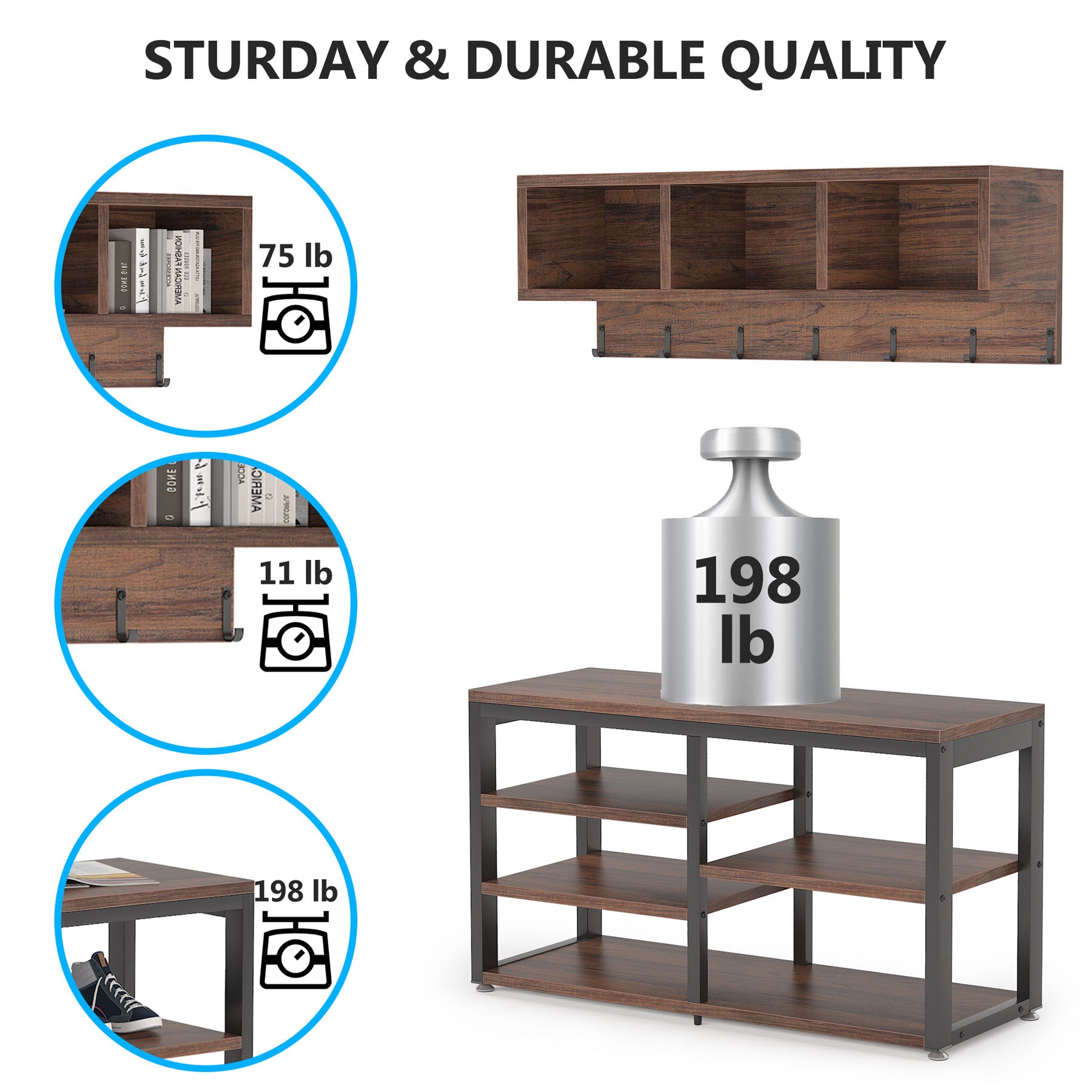 Bearing diagram of each functional area of Tribesigns’s 5 IN 1 Coat Rack Shoe Bench Set, Hall Tree with Wall Mounted Shelf.