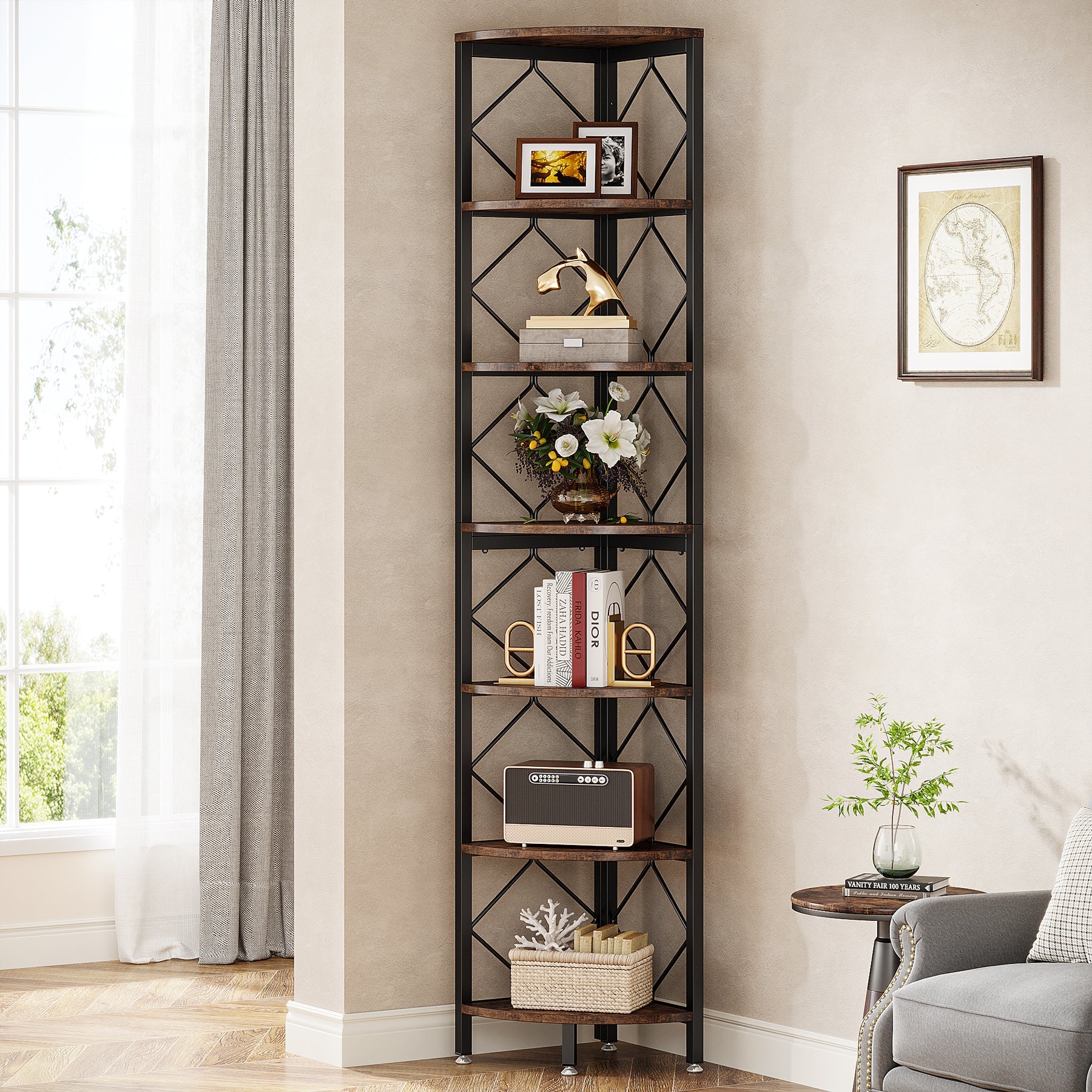 7-Tier Corner Shelf, 78.7” Corner Bookcase Slim Corner Storage Rack Tribesigns