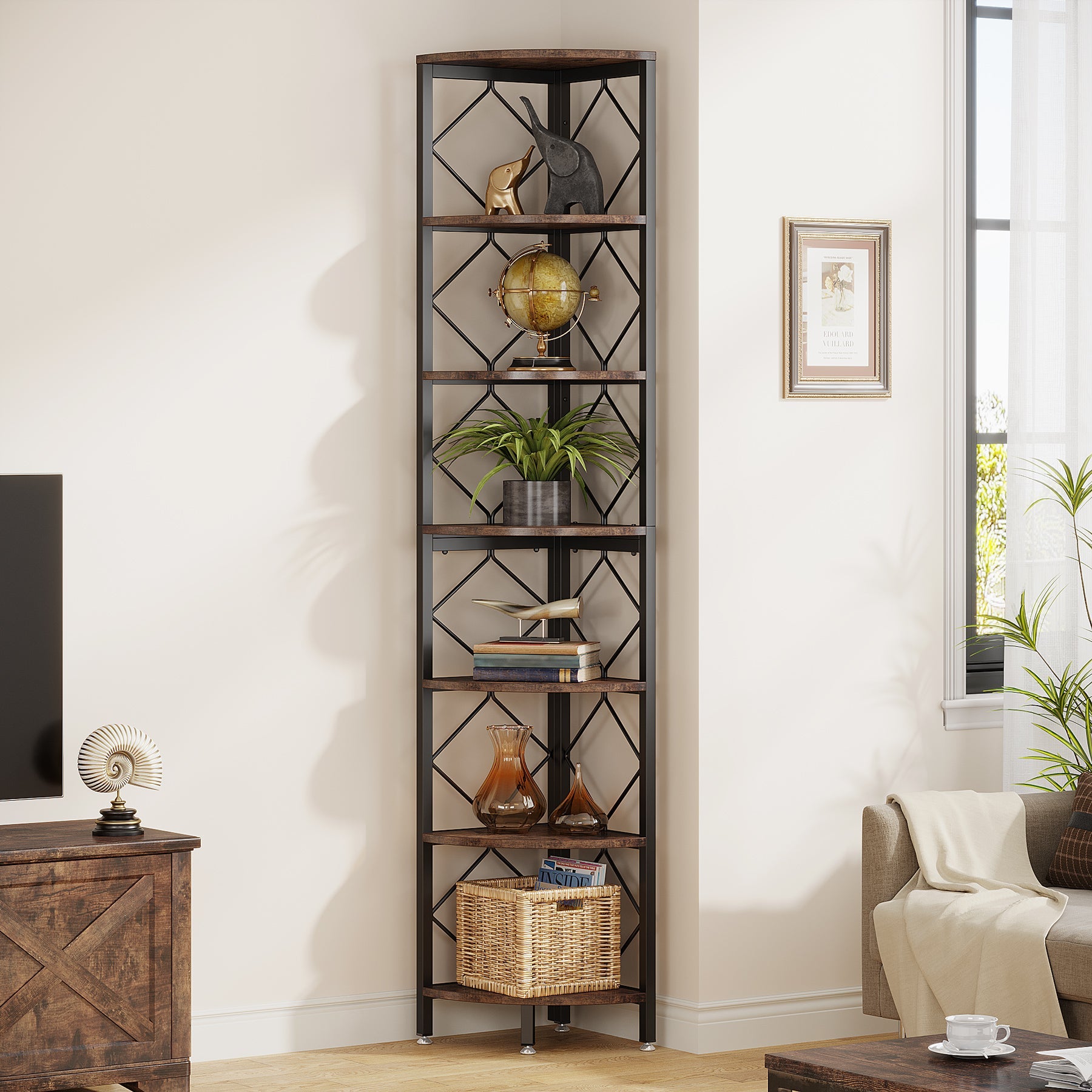 7-Tier Corner Shelf, 78.7” Corner Bookcase Slim Corner Storage Rack Tribesigns