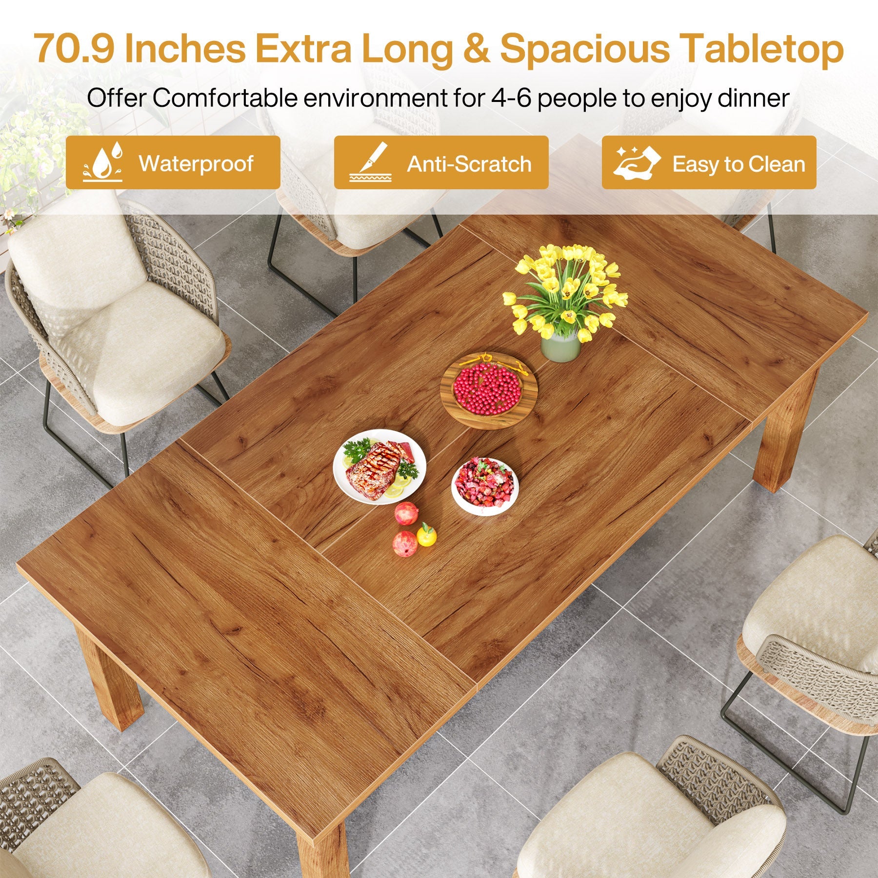 70.9" Wood Dining Table for 6-8 People, Farmhouse Breakfast Table Tribesigns