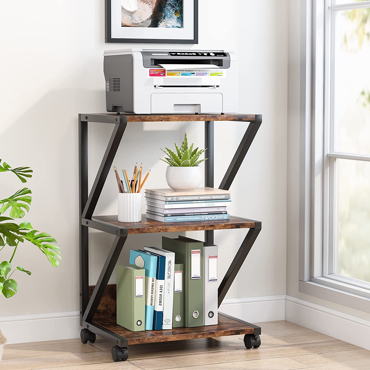 Tribesigns Sturdy printer stand with a laser printer and extra paper storage.
