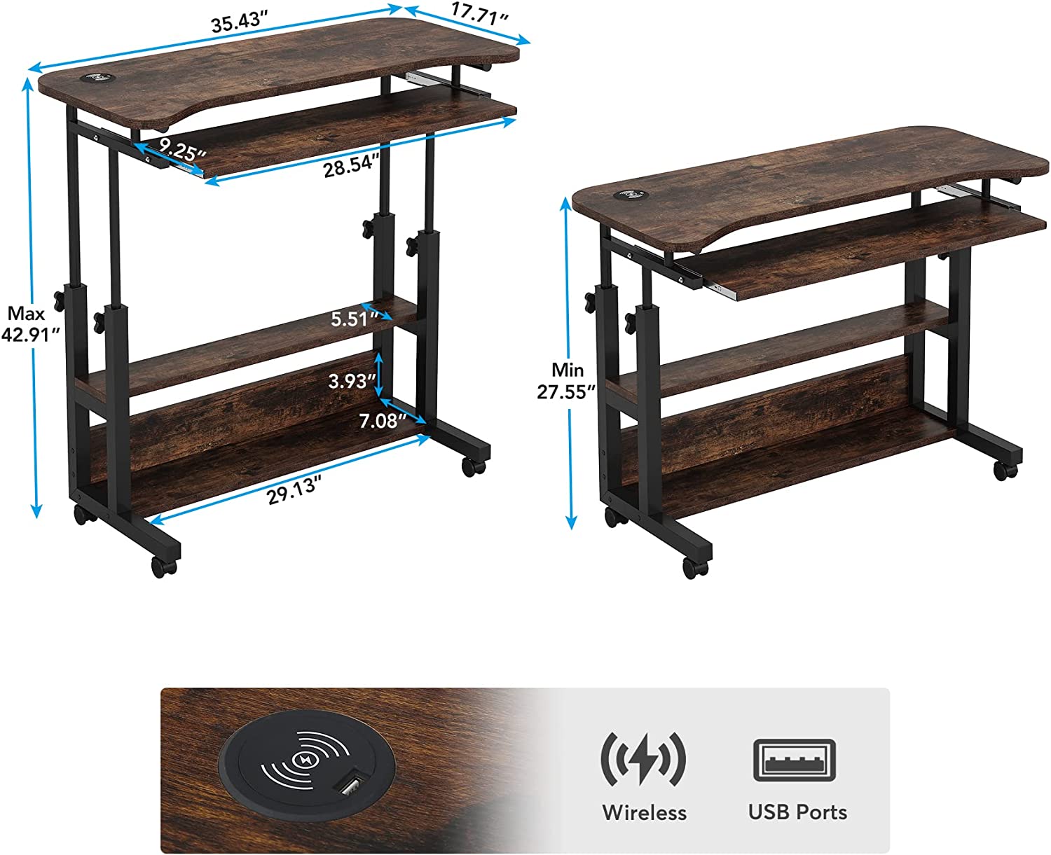 Tribesigns Height Adjustable Desk, Mobile Portable Desk with Wireless Charging Station Tribesigns
