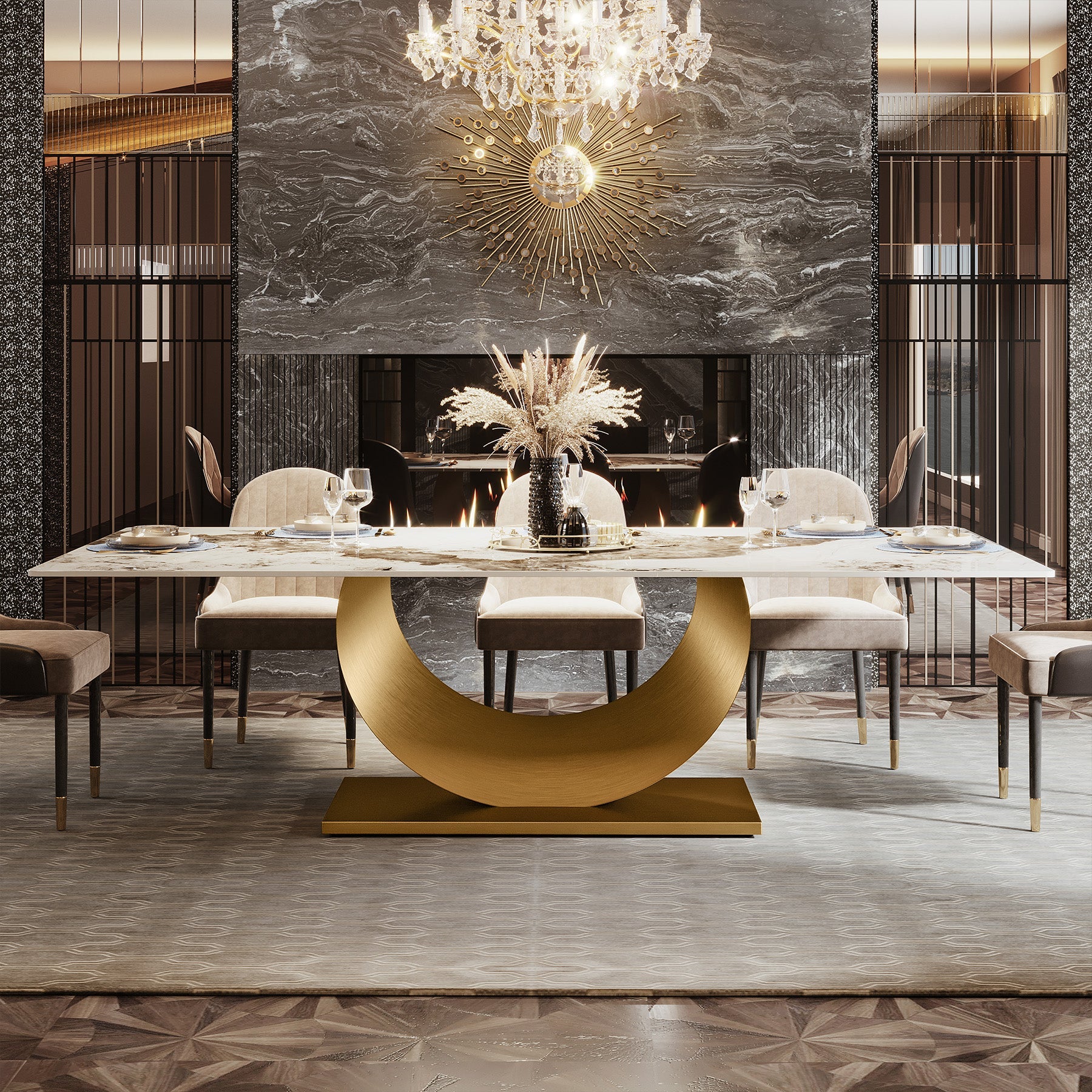 78.7" Sintered Stone Dining Table with Stainless Steel Pedestal for 8 people Tribesigns