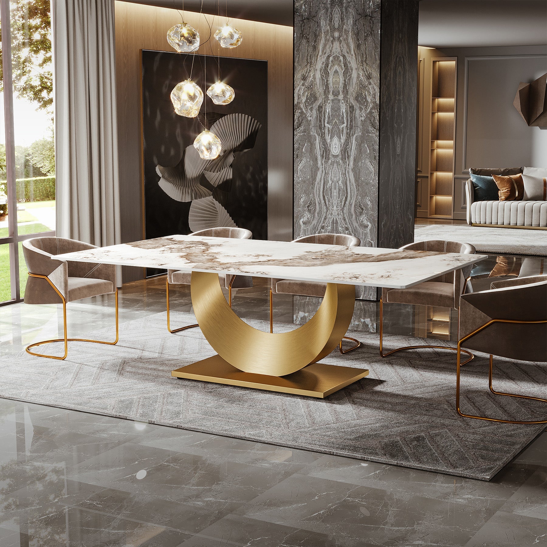 White Sintered Stone Dining Table with Gold Stainless Steel Base