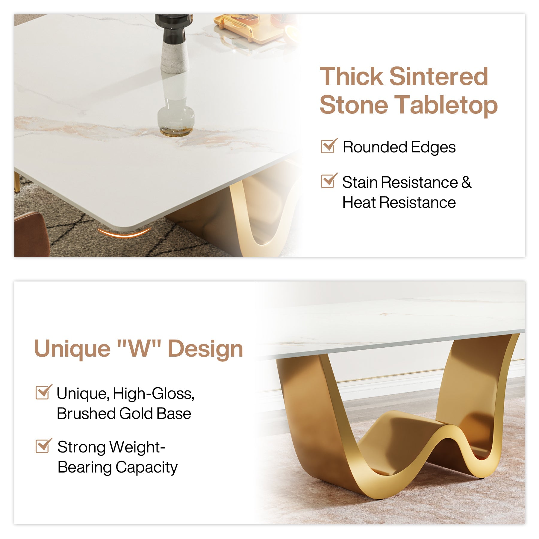 79" Rectangle Sintered Stone Dining Table for 8, Unique "W" Design