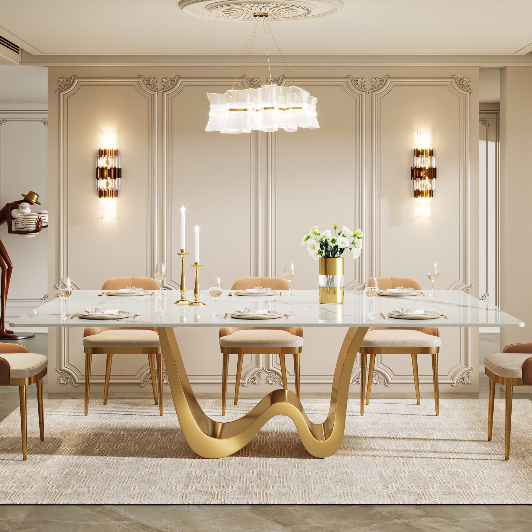79" Rectangular Sintered Stone Dining Table for 8, White & Gold Stainless Steel Pedestal