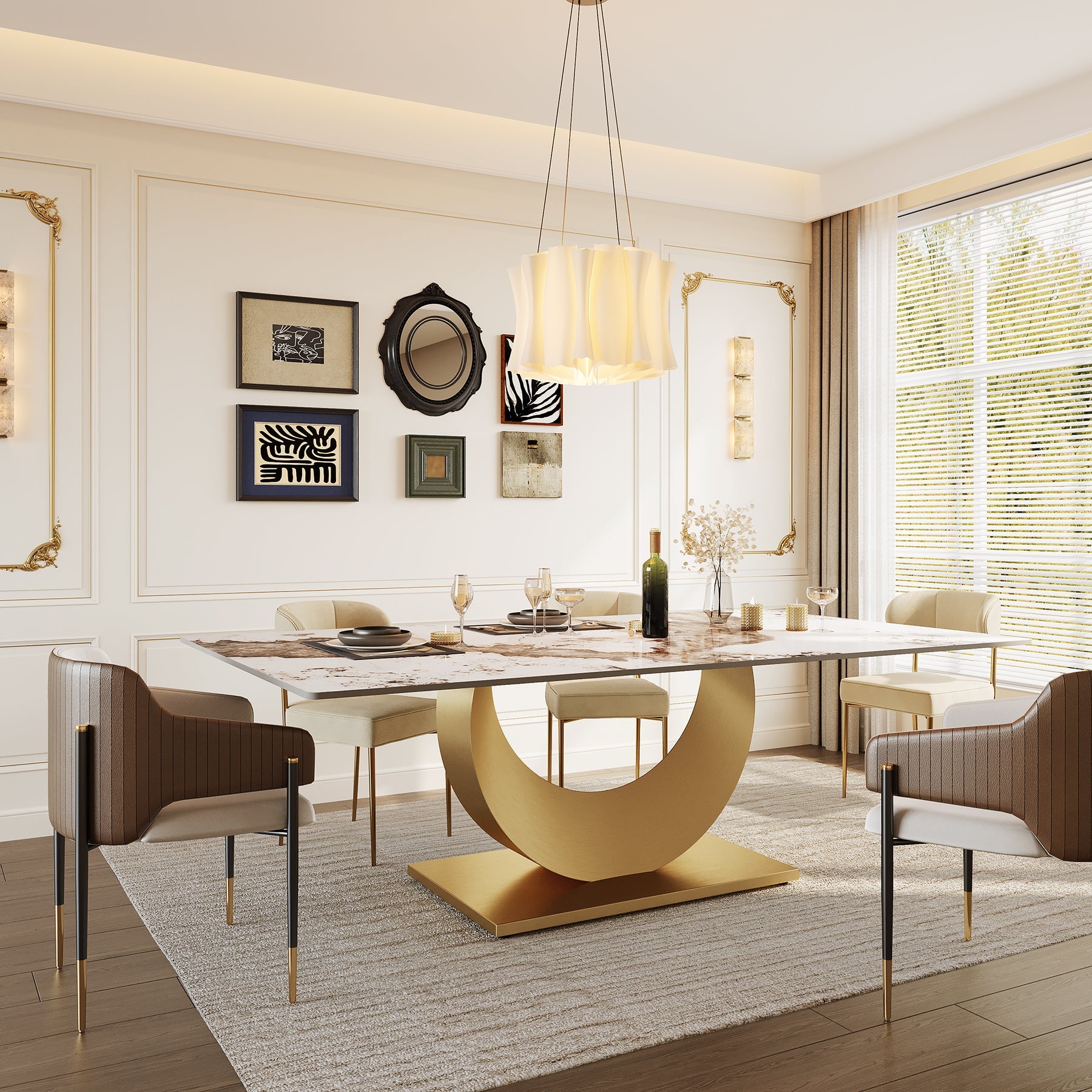79" Sintered Stone Dining Table with Stainless Steel Pedestal for 8 people Tribesigns