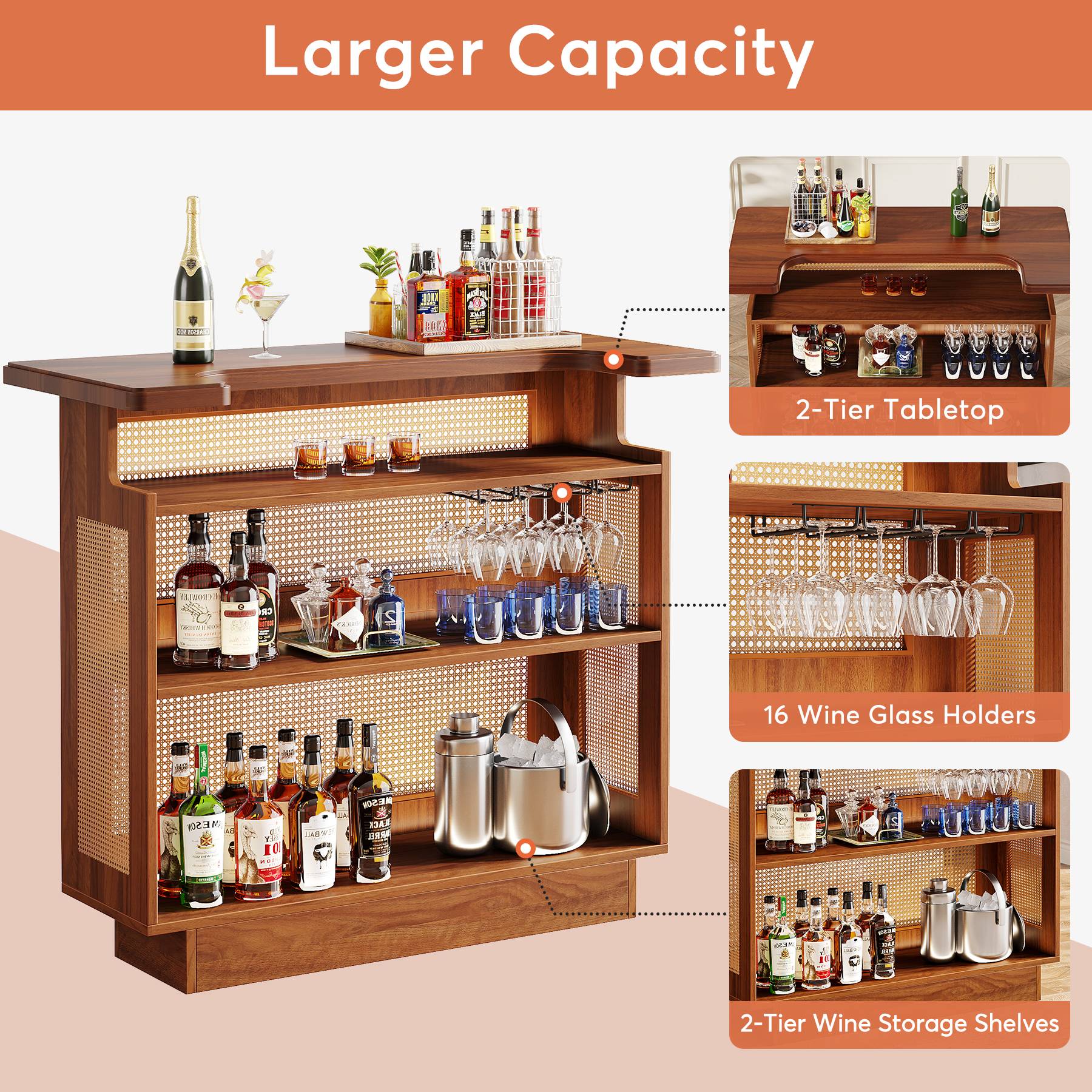 Bar Unit, 4-Tier Rattan Liquor Wine Bar Cabinet with Stemware Racks Tribesigns