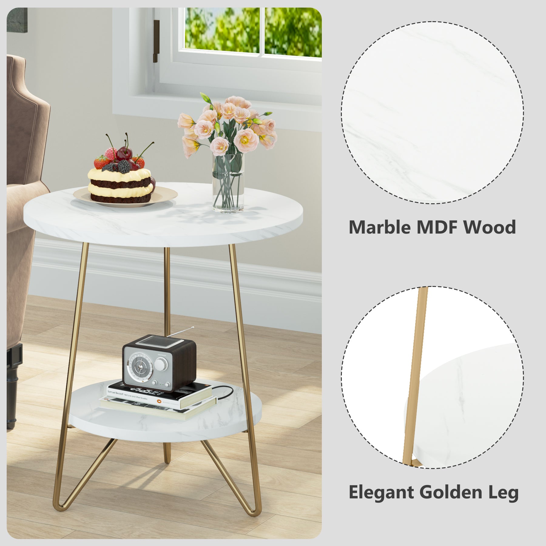 Faux Marble End Table, 2 Tier Round Sofa Bedside Table with Shelves Tribesigns