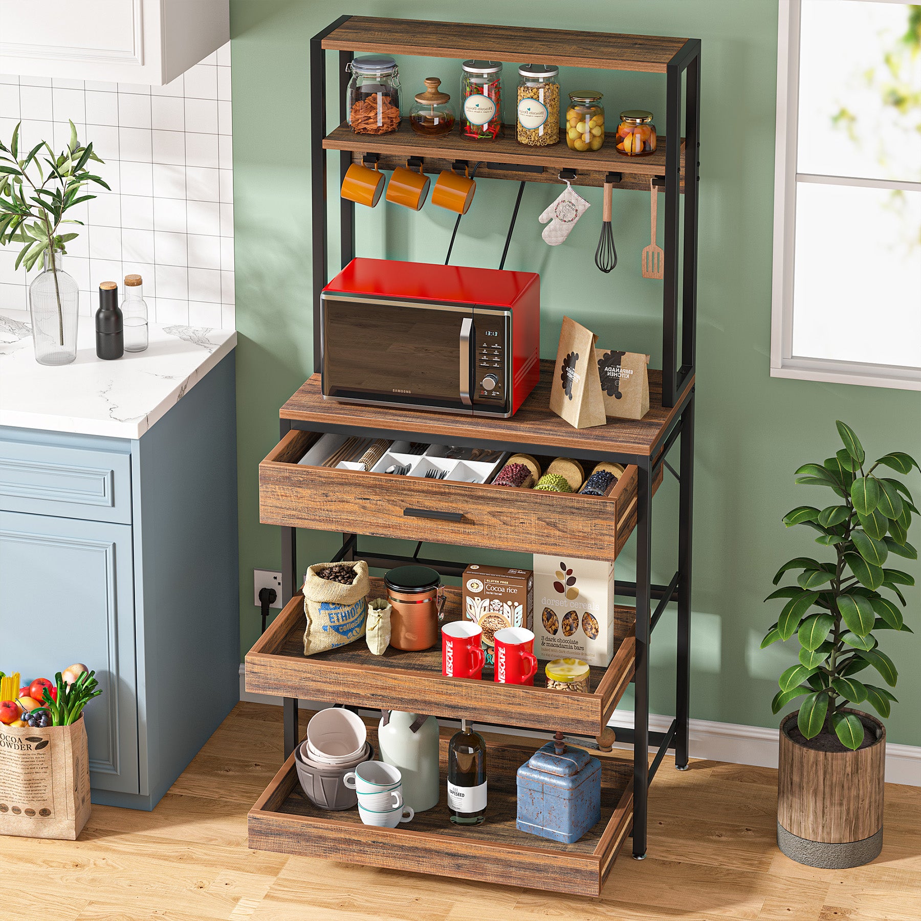 Tribesigns's 5-tier Kitchen baker is shown in the expanded form of drawers.