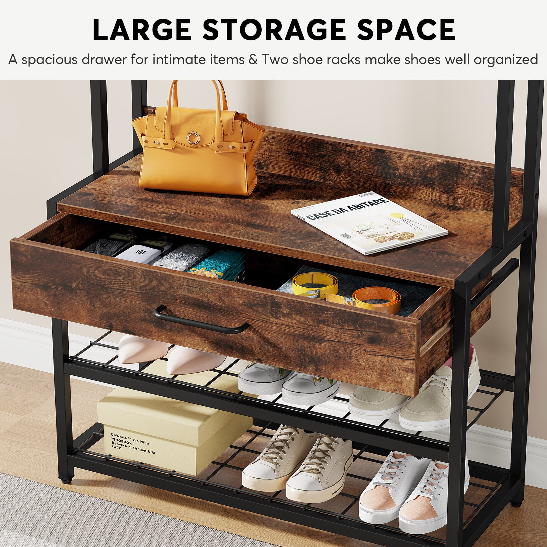 A storage diagram of Tribesigns's Coat Rack Shoe Bench shows its storage and partitioning functions.