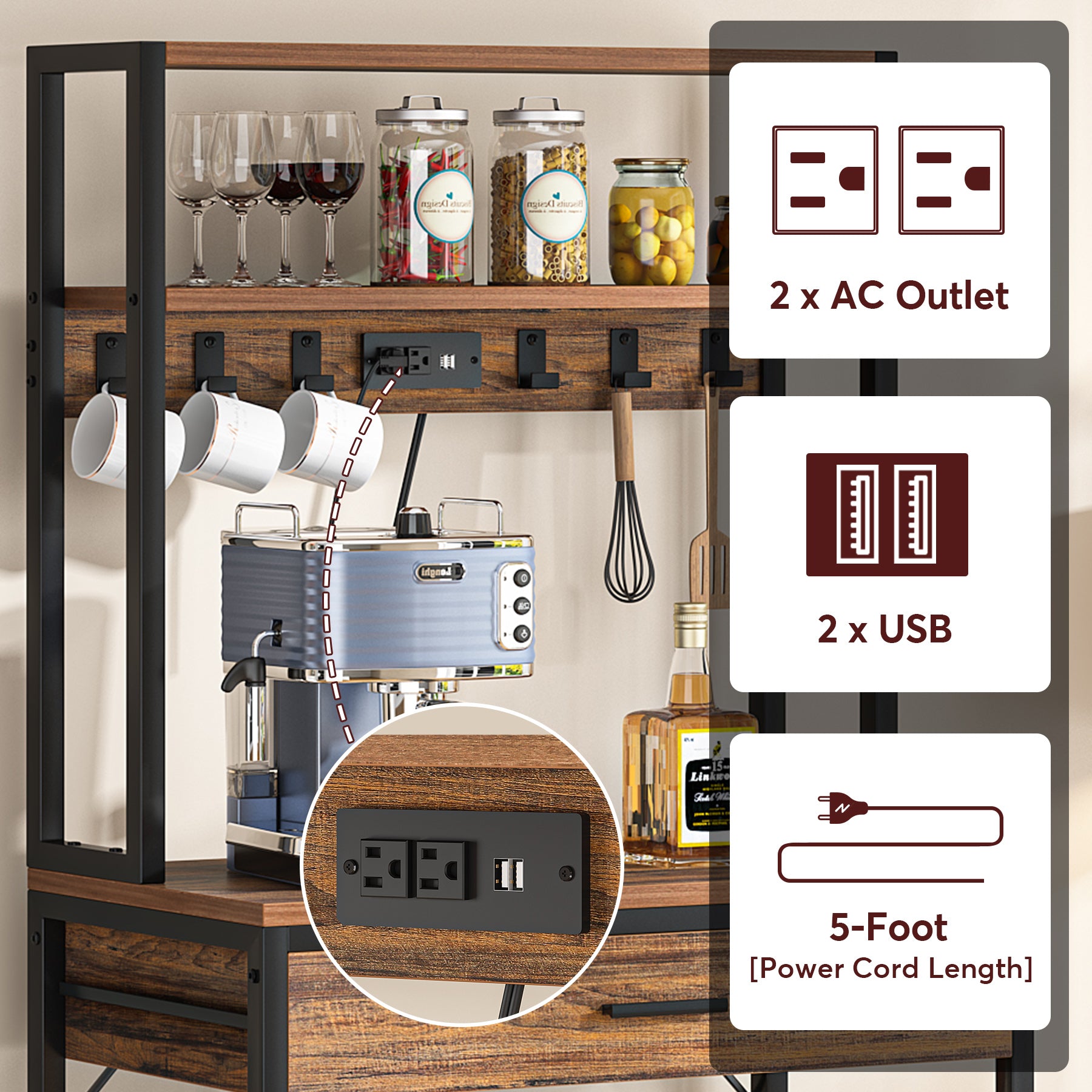 Product details of Tribesigns's Baker's Rack with Power Outlets.