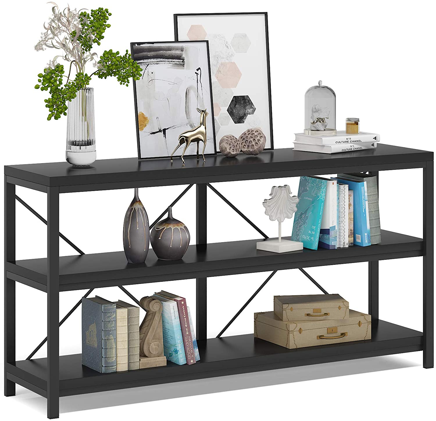 55" Console Table, Sofa Table TV Stand with 3-Tier Storage Shelves Tribesigns