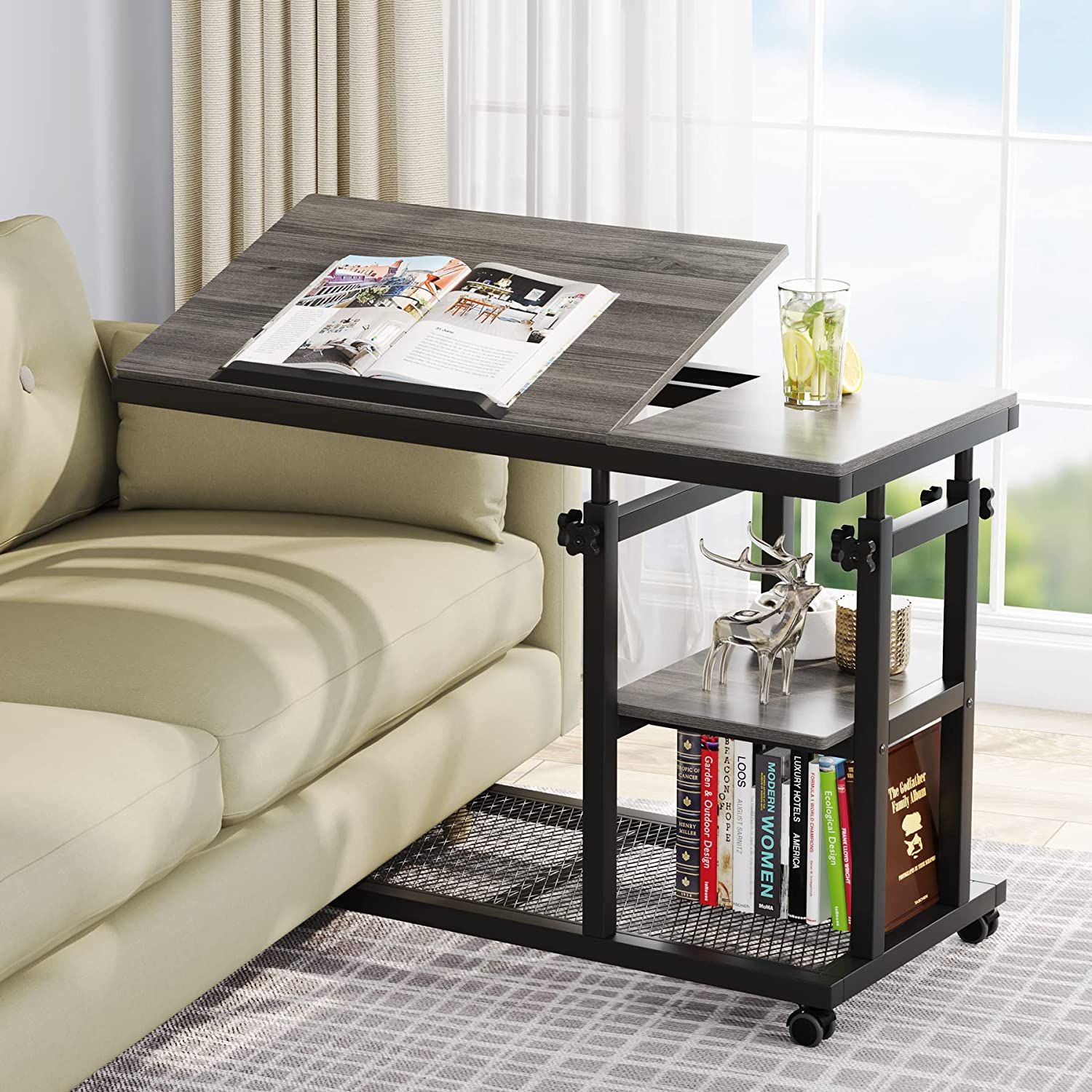 C Table, Mobile Snack Side Table with Tiltable Drawing Board Tribesigns