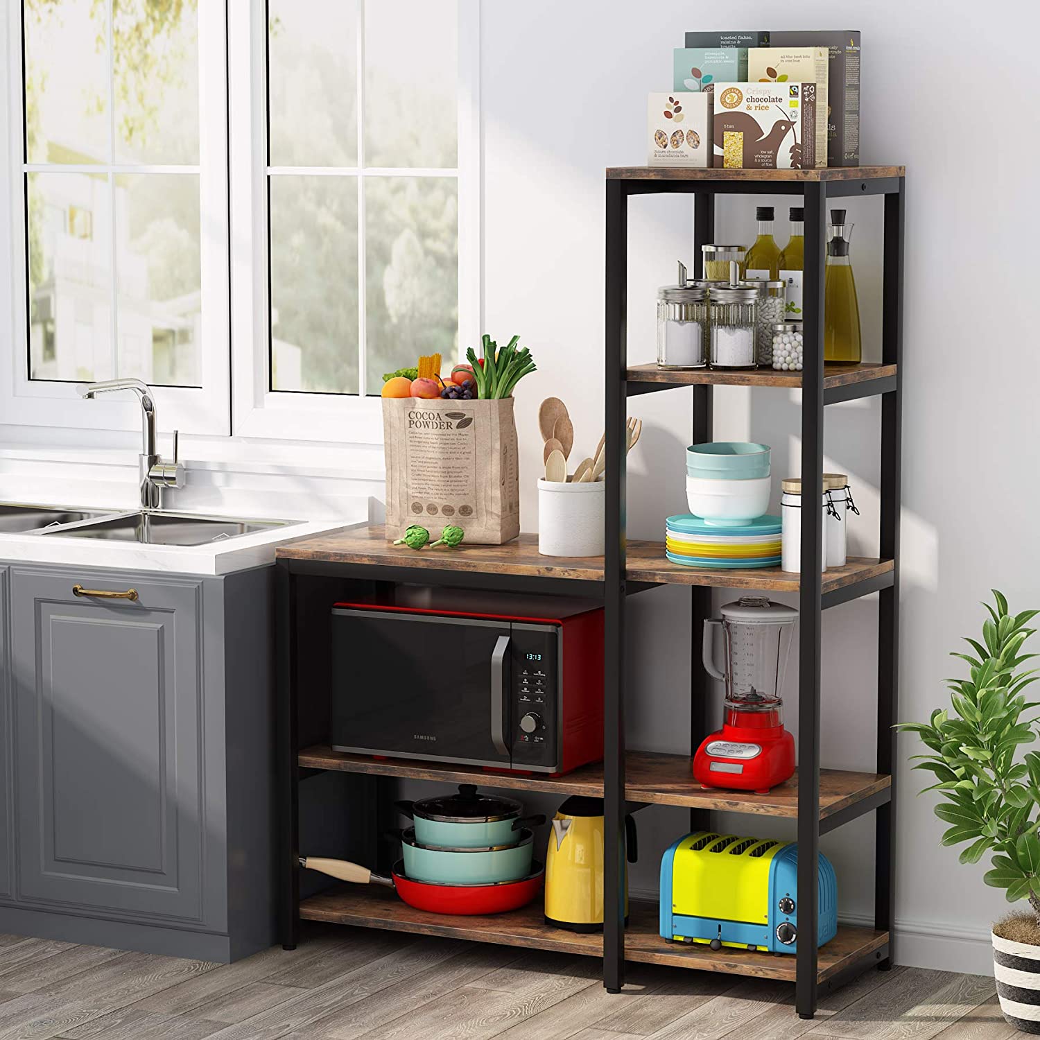 Tribesigns's 5-tier rustic kitchen baker’s rack with spice rack, and microwave shelf.